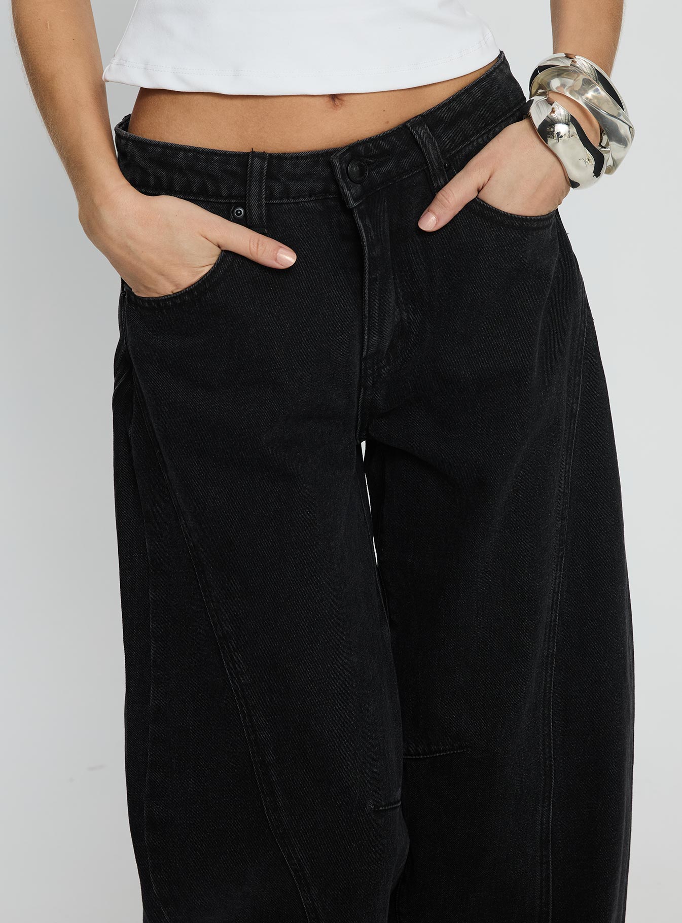 Lost Track Mid Rise Barrel Leg Jeans Washed Black women's denim jeans by Ellevoria