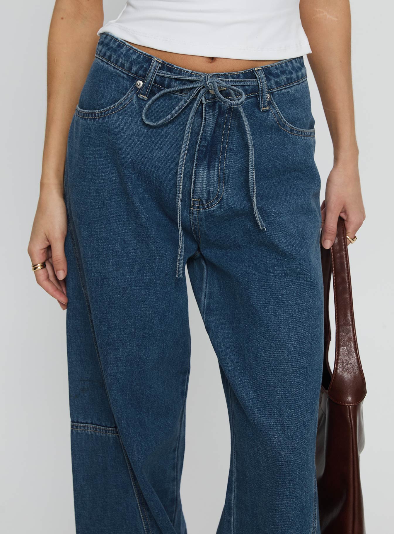 Bruiser Tie Waist Mid Rise Wide Leg Jeans Mid Blue Wash women's denim jeans by Ellevoria