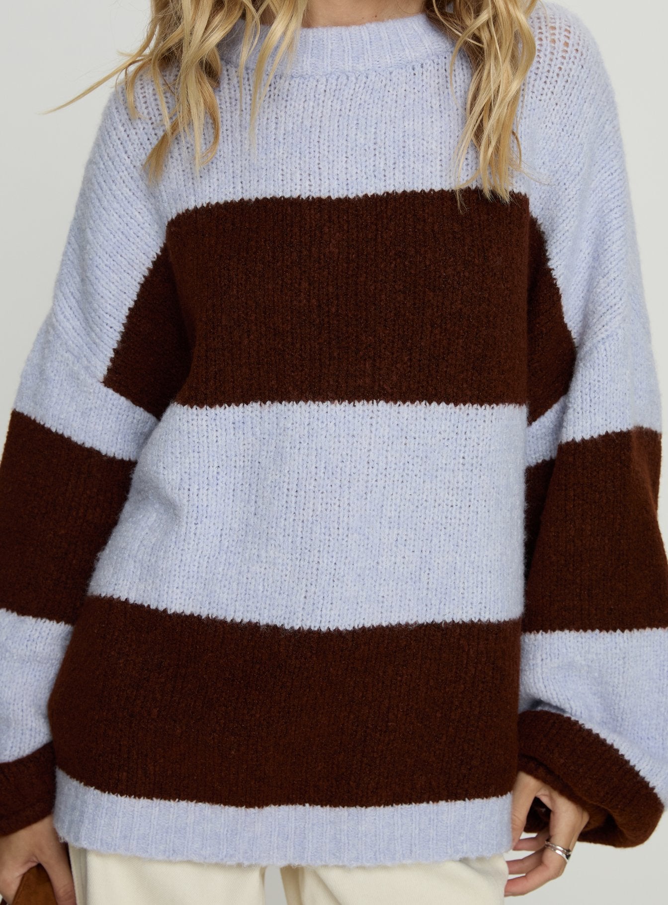Bastien Crew Neck Knit Sweater Blue / Chocolate Stripe women's sweater by Ellevoria