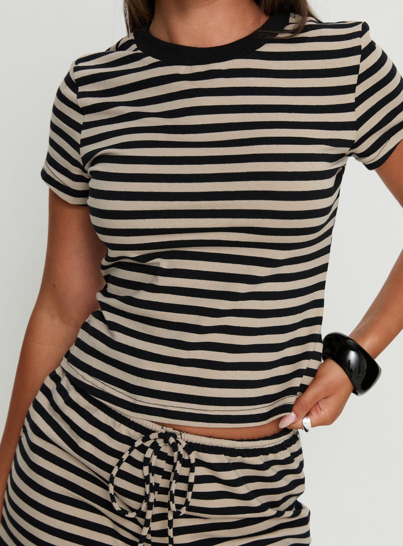 Settle Down Baby Tee Black / Beige Stripe women's matching set by Ellevoria