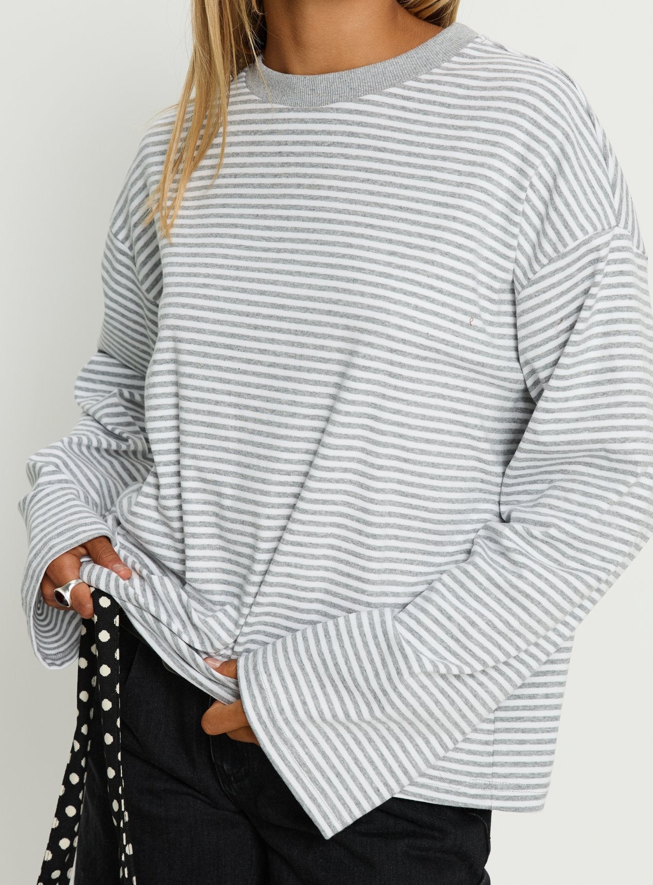 Settle Down Long Sleeve Top Grey / White Stripe women's two piece set by Ellevoria