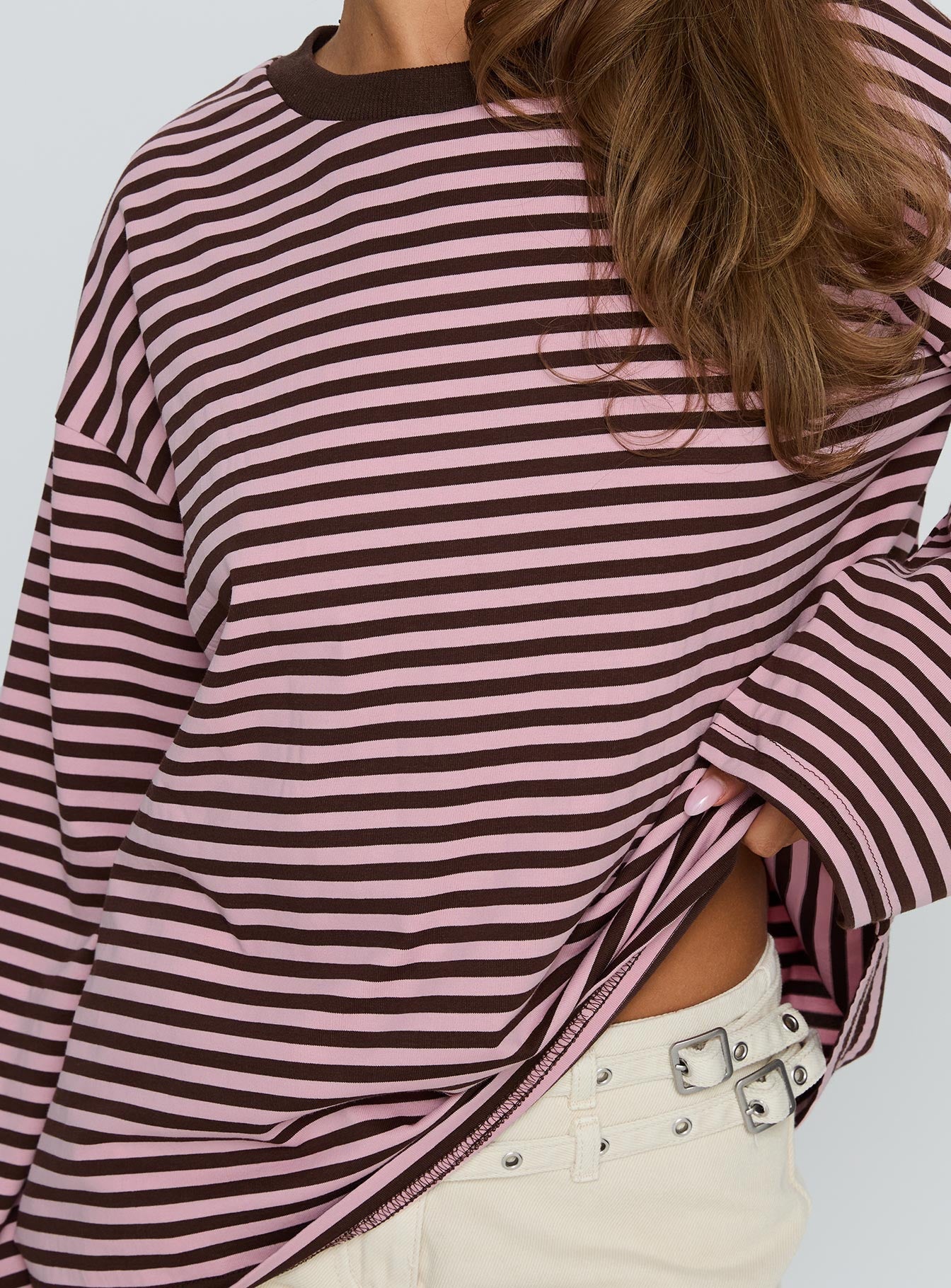 Settle Down Long Sleeve Top Pink / Brown Stripe women's two piece set by Ellevoria