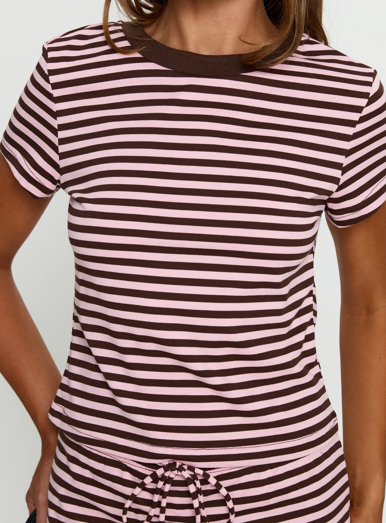 Settle Down Baby Tee Pink / Brown Stripe women's matching set by Ellevoria