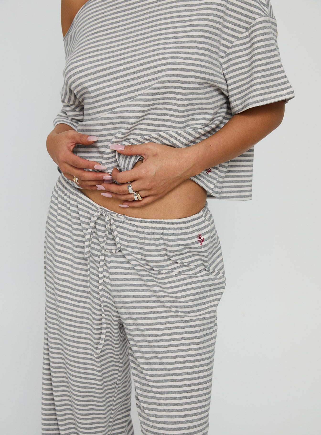Tobie Off Shoulder Sleep Set Grey Stripe women's two piece set by Ellevoria