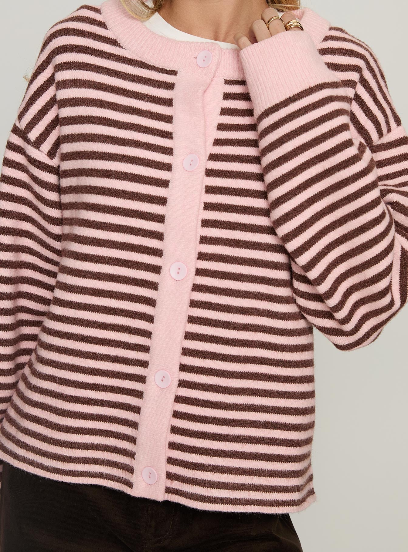 Darnelle Button Up Knit Cardigan Pink Stripe women's sweater by Ellevoria