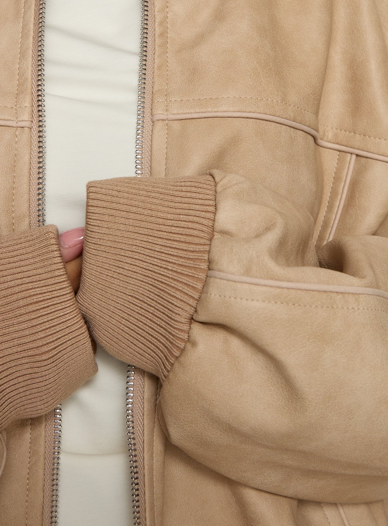 Believe It Faux Leather Bomber Jacket Washed Stone women's jacket by Ellevoria