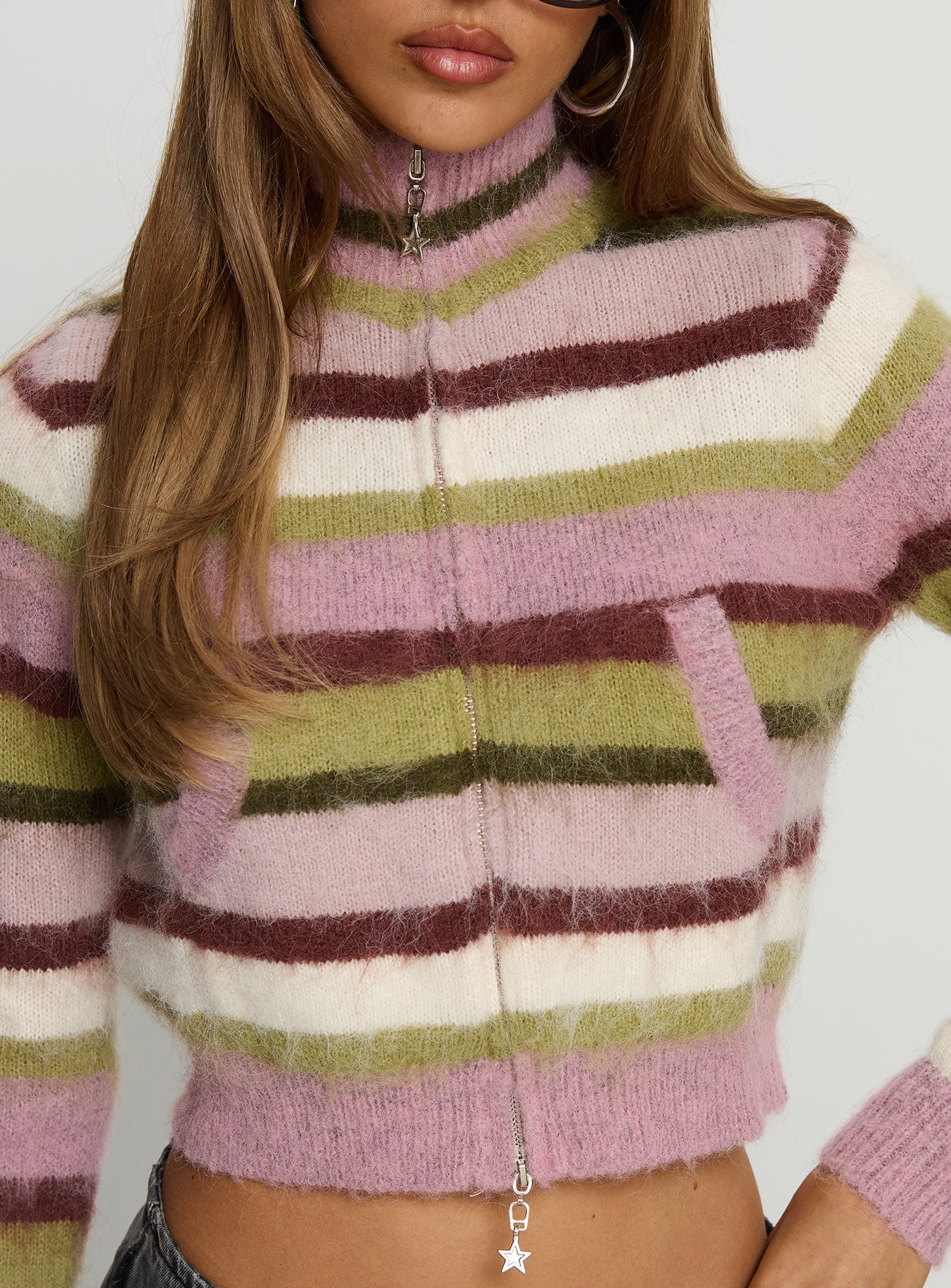 Keeva Zip Through Knit Jumper Pink / Green Stripe women's sweater by Ellevoria