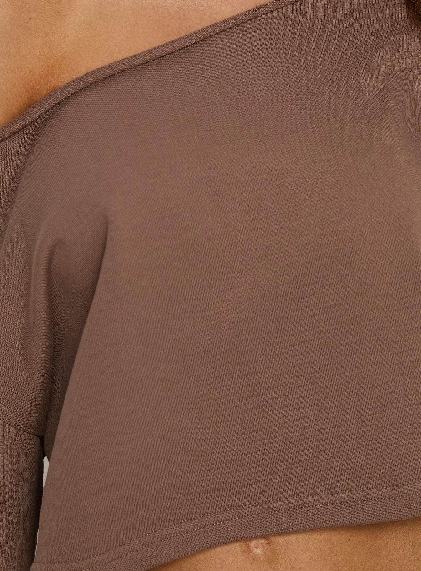 Retreat Raw Edge Off Shoulder Jumper Cocoa women's sweater by Ellevoria