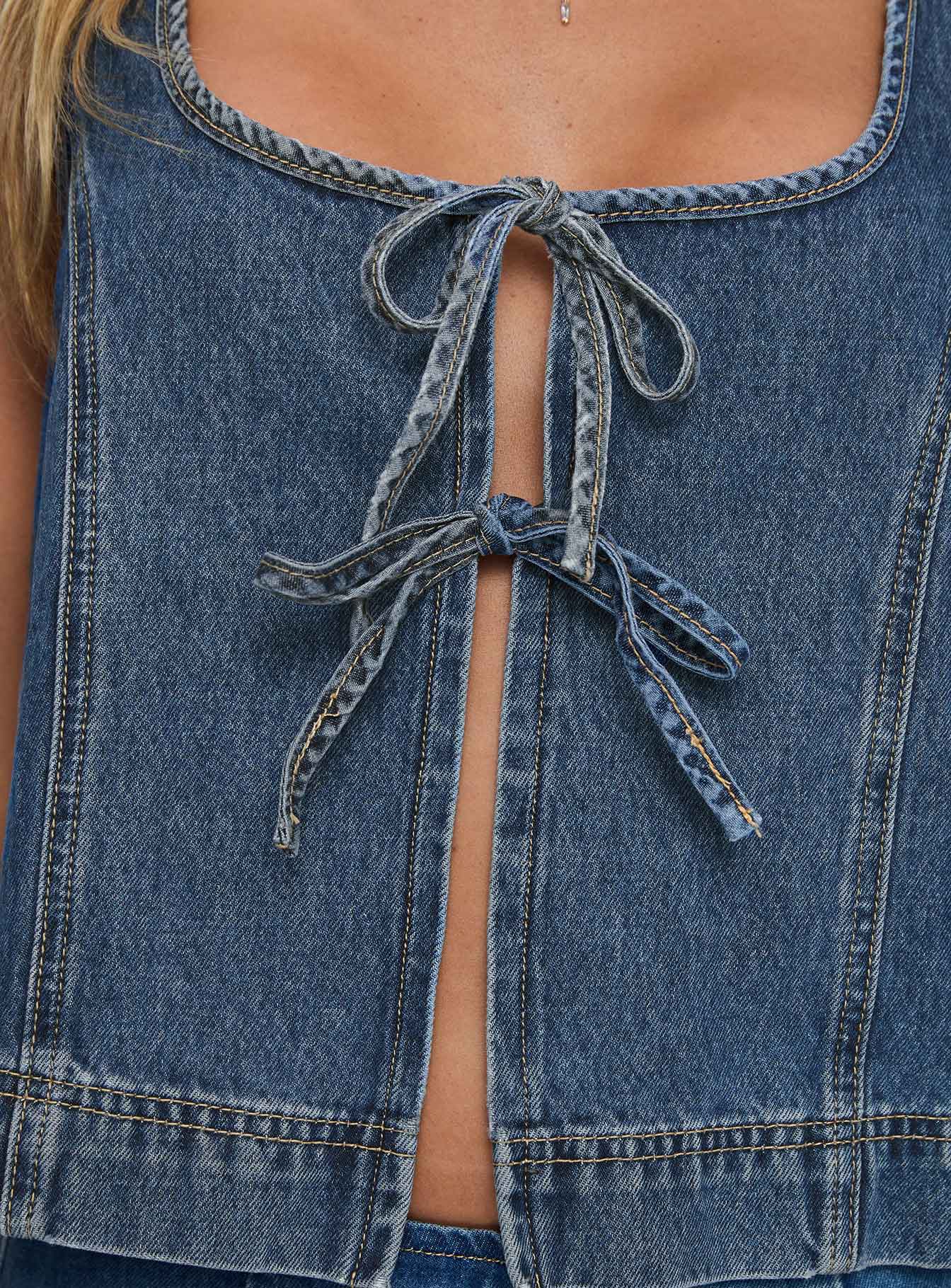 Stefenie Denim Tie Top Mid Wash women's two piece set by Ellevoria
