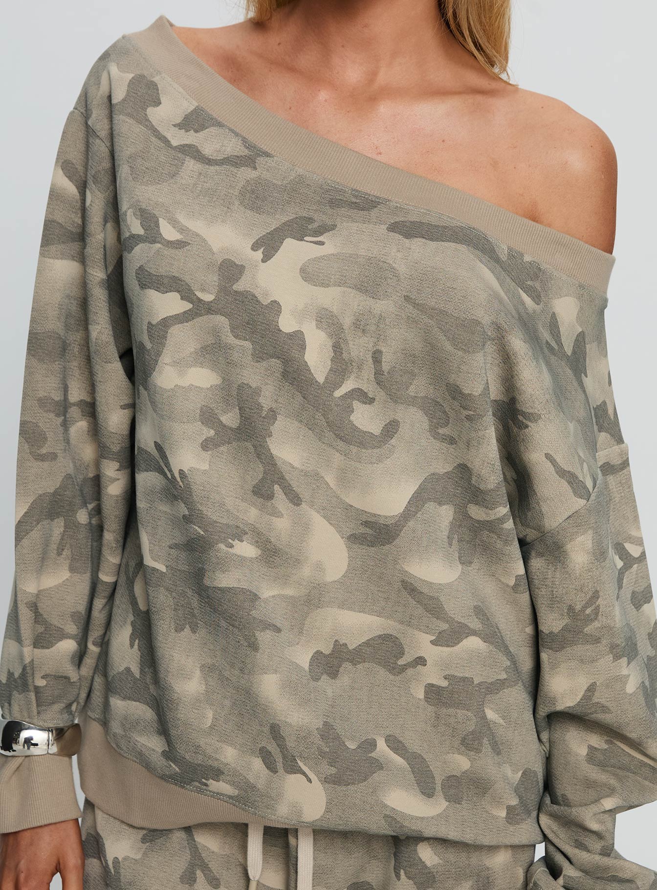 Wellness Off The Shoulder Jumper Washed Camo women's sweater by Ellevoria