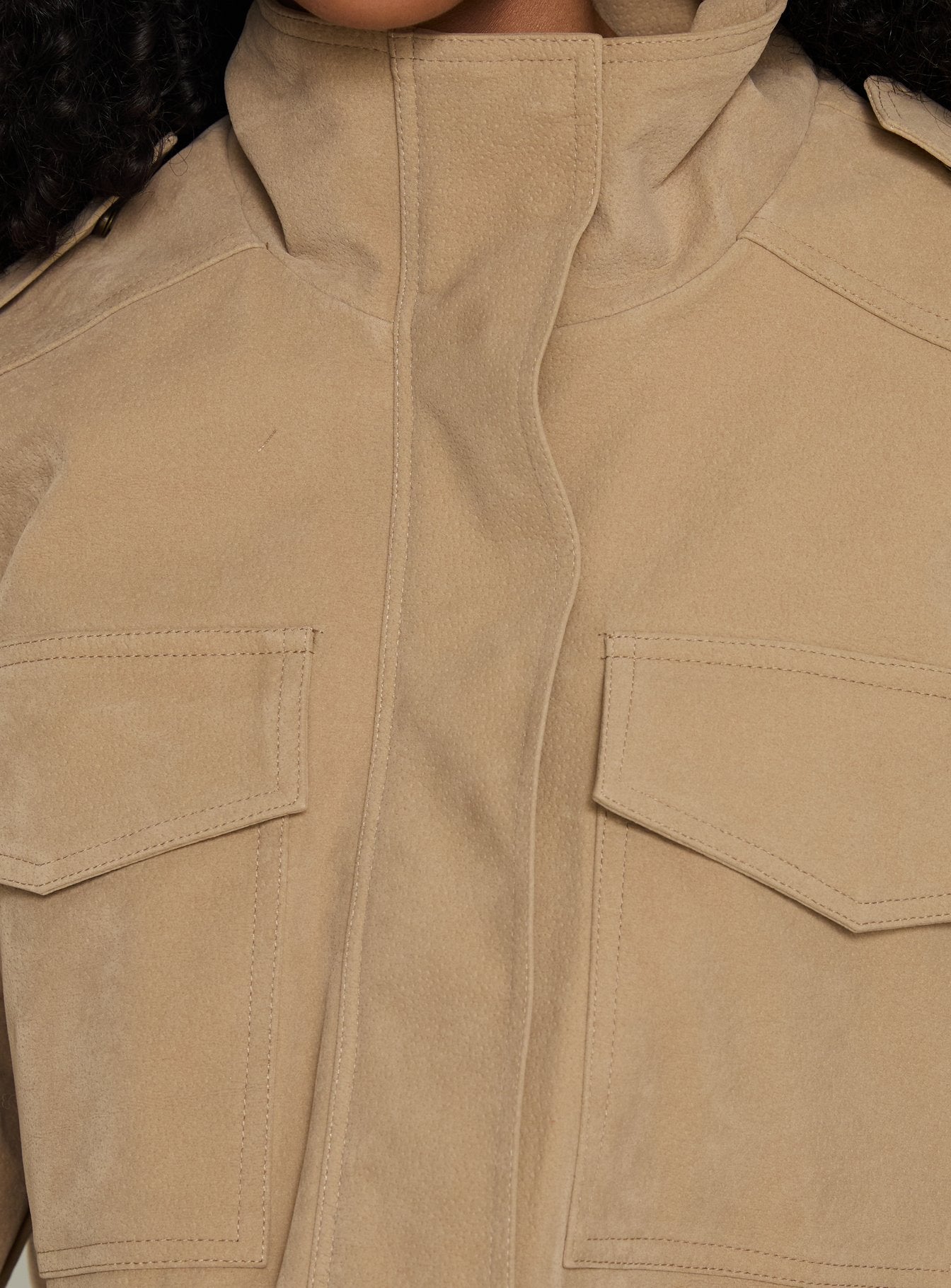Double Life Funnel Neck Cargo Jacket Beige women's jacket by Ellevoria