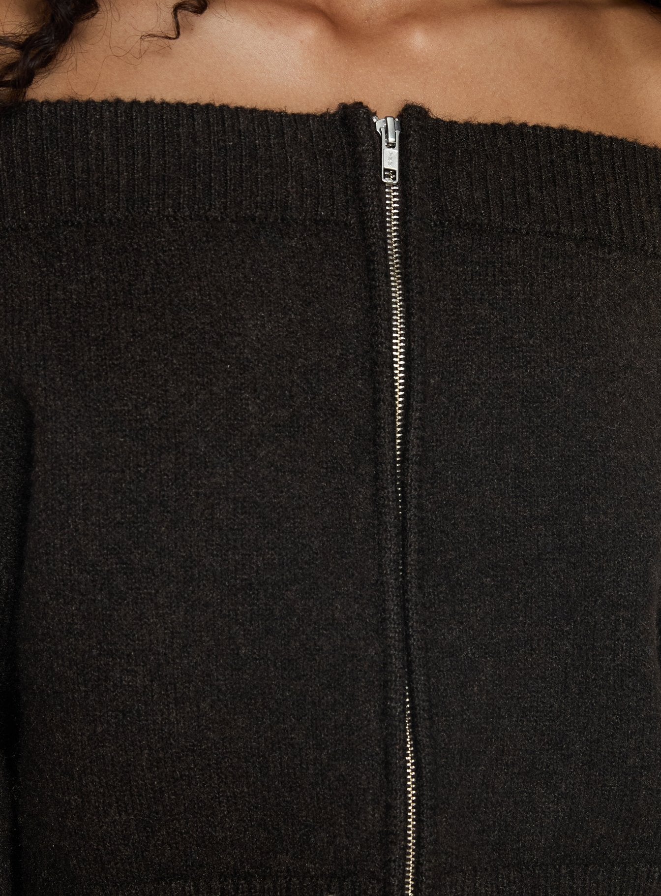 Ortensa Off Shoulder Zip Through Jumper Brown women's sweater by Ellevoria