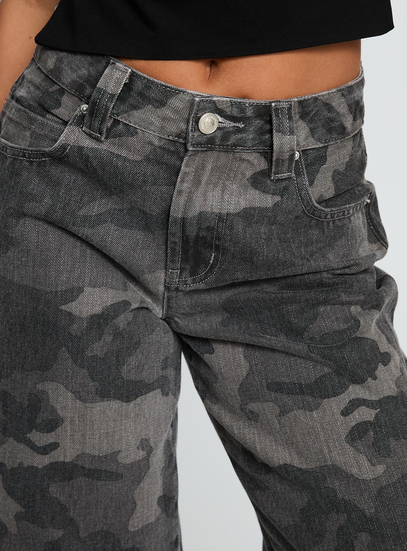 Big Talk Mid Rise Straight Leg Jeans Grey Washed Camo women's denim jeans by Ellevoria
