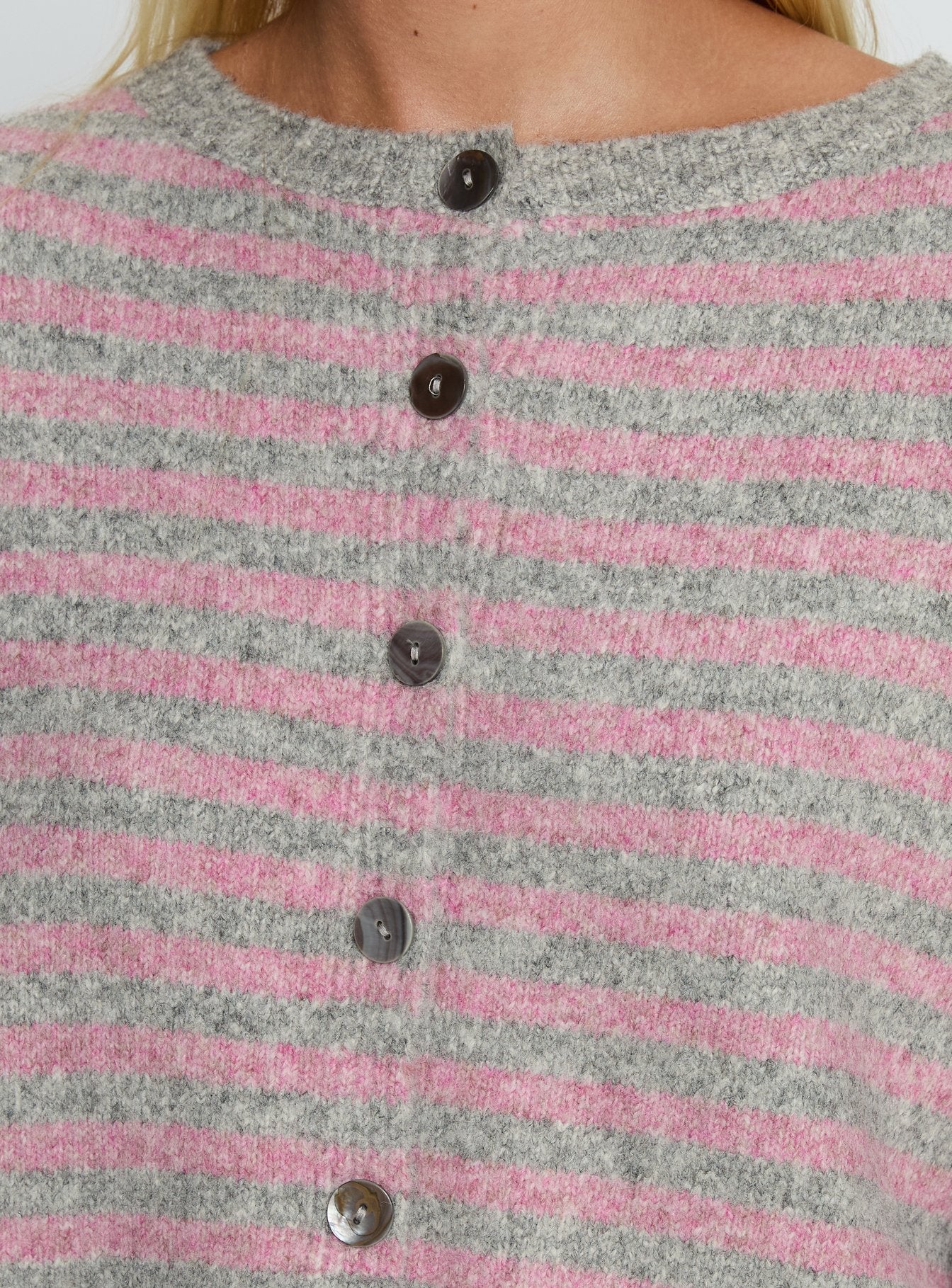 Raynna Button Up Cardigan Pink / Grey Stripe women's sweater by Ellevoria