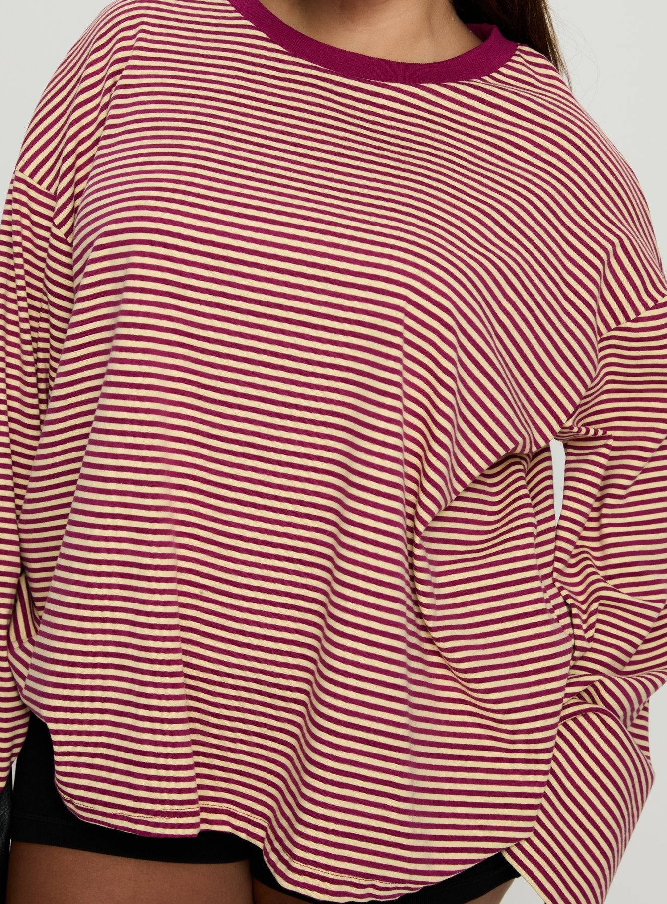 Settle Down Long Sleeve Top Lemon / Burgundy Stripe Curve women's matching set by Ellevoria