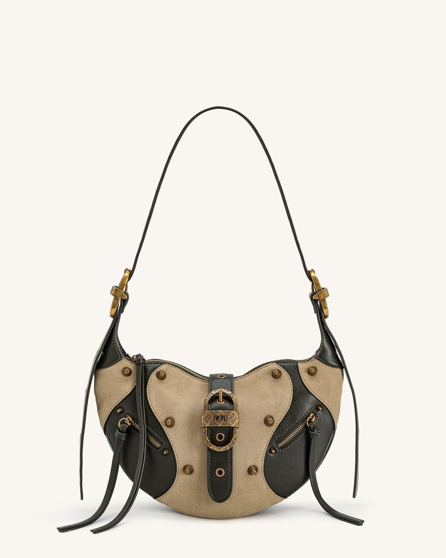 Tessa Faux Suede Studded Shoulder Bag - Khaki Green