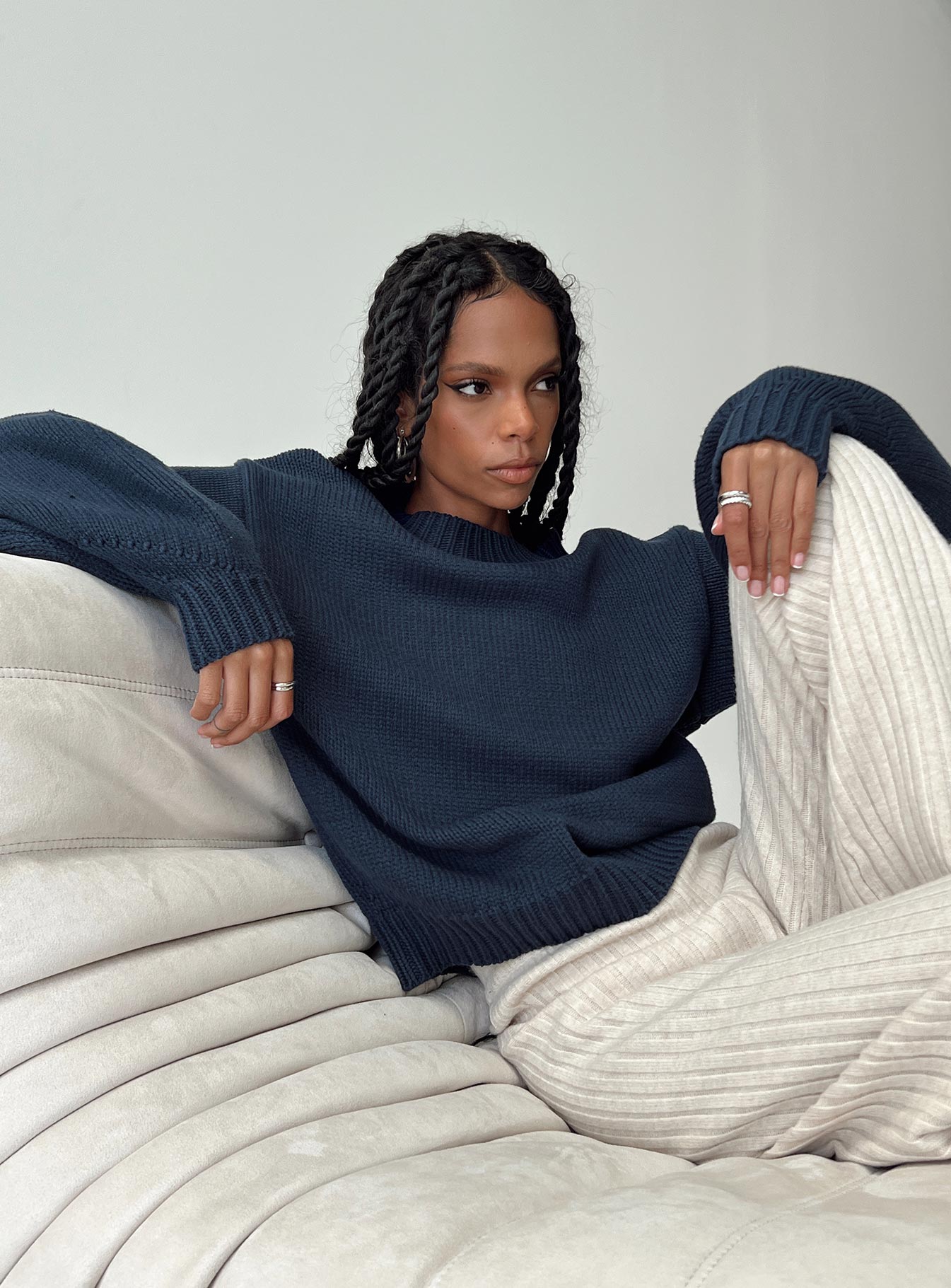 Harmony Balloon Sleeve Knit Sweater Navy women's sweater by Ellevoria