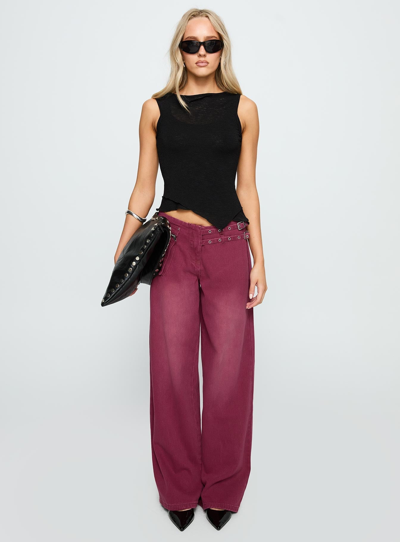 Paltrow Mid Rise Wide Leg Cargo Jeans Washed Burgundy women's denim jeans by Ellevoria