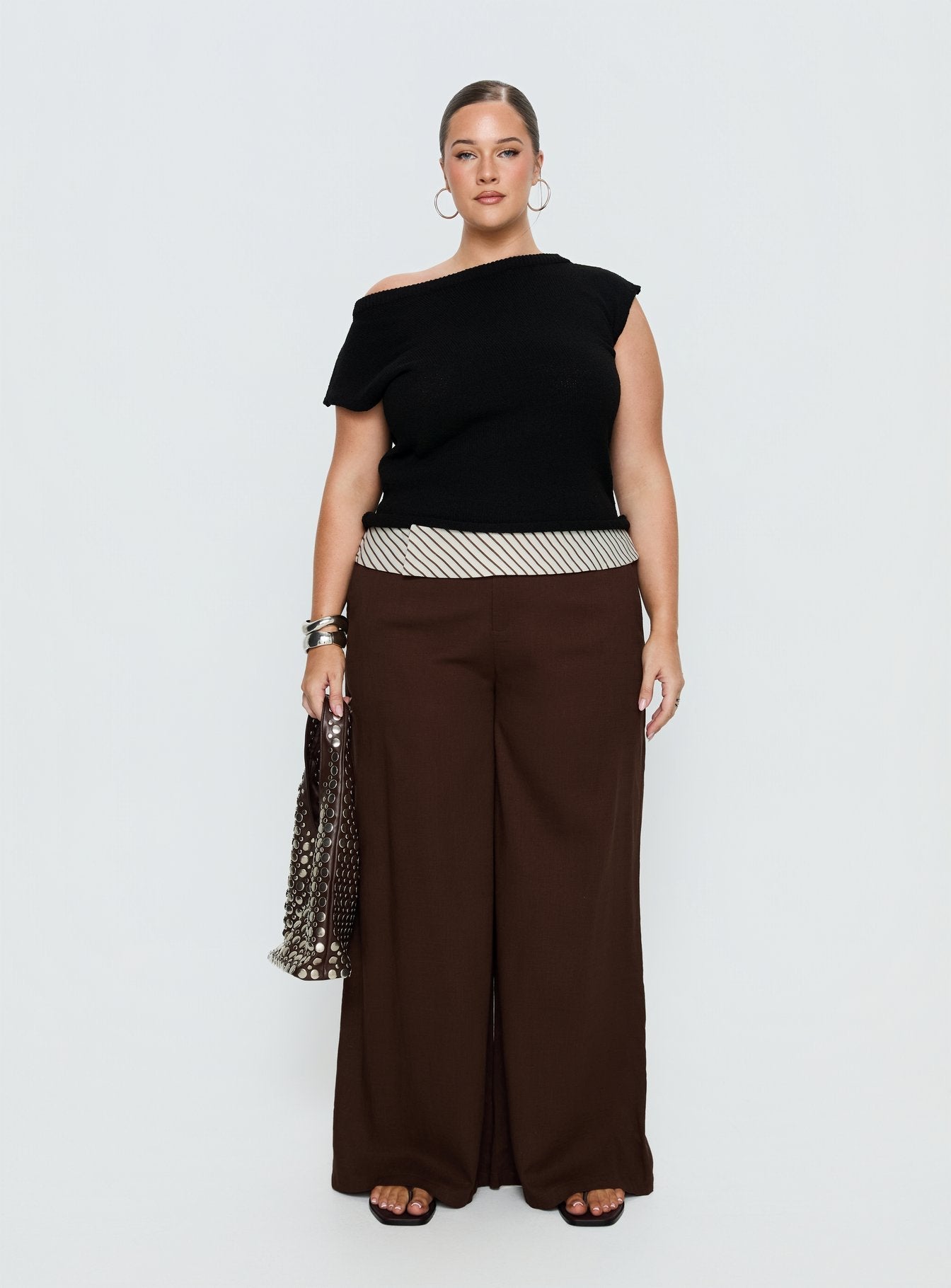 Past Life Fold Over Waistband Pant Brown / Stripe Curve - loose fit women's bottoms by Ellevoria