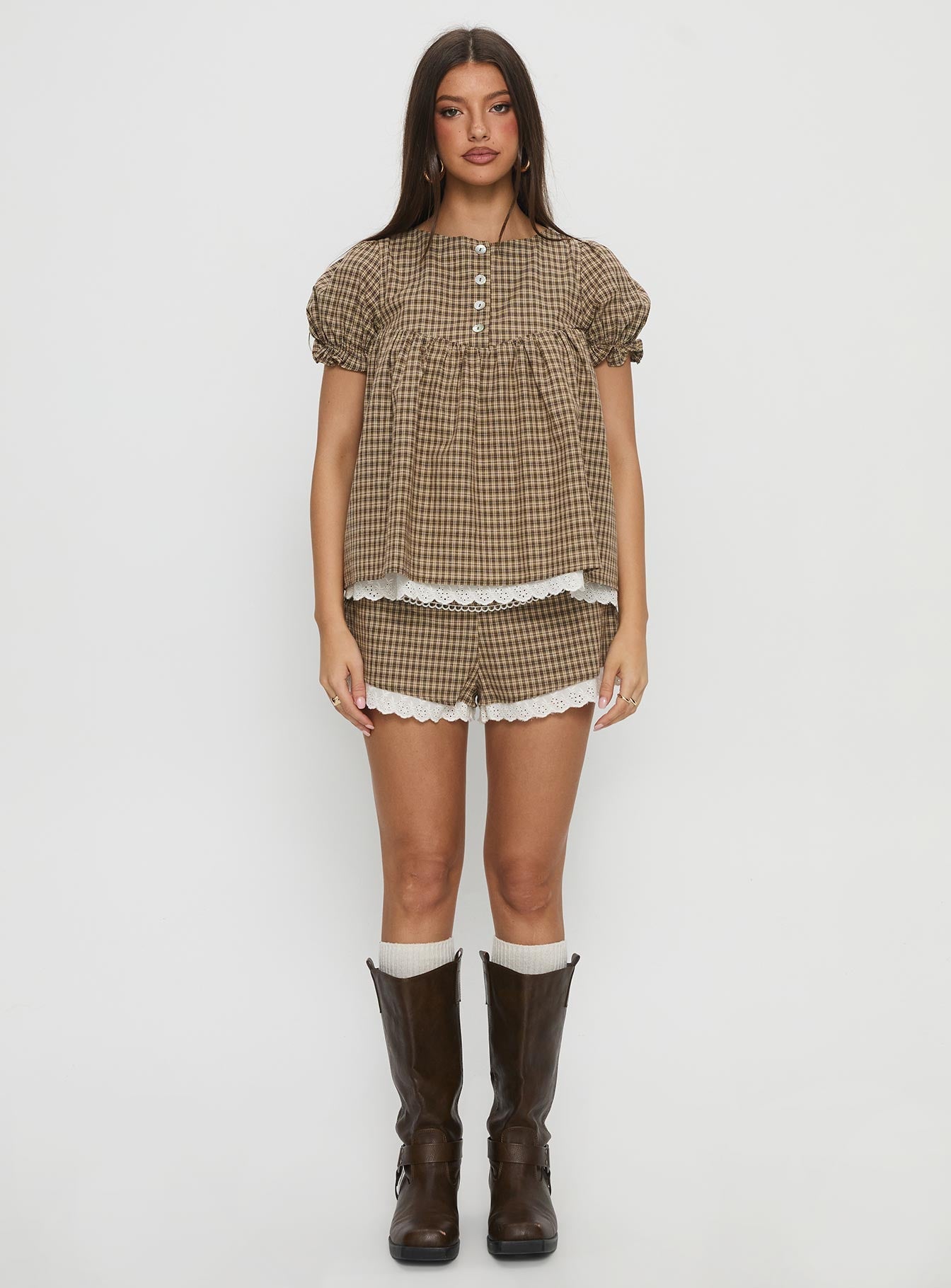 Chandelier Mini Lace Trim Shorts Brown Check women's two piece set by Ellevoria