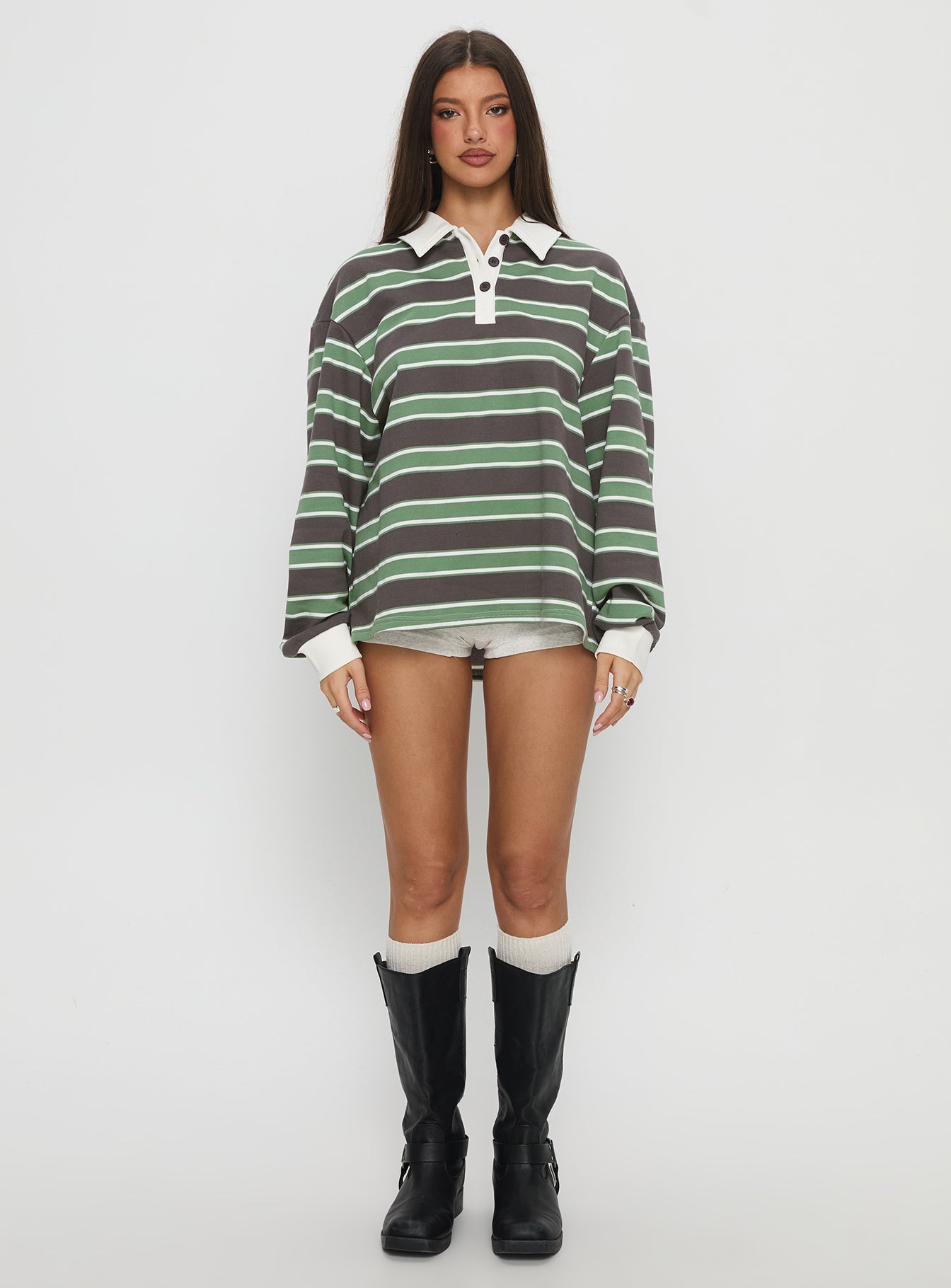 Tycen Polo Rugby Jumper Green / Grey Stripe women's sweater by Ellevoria