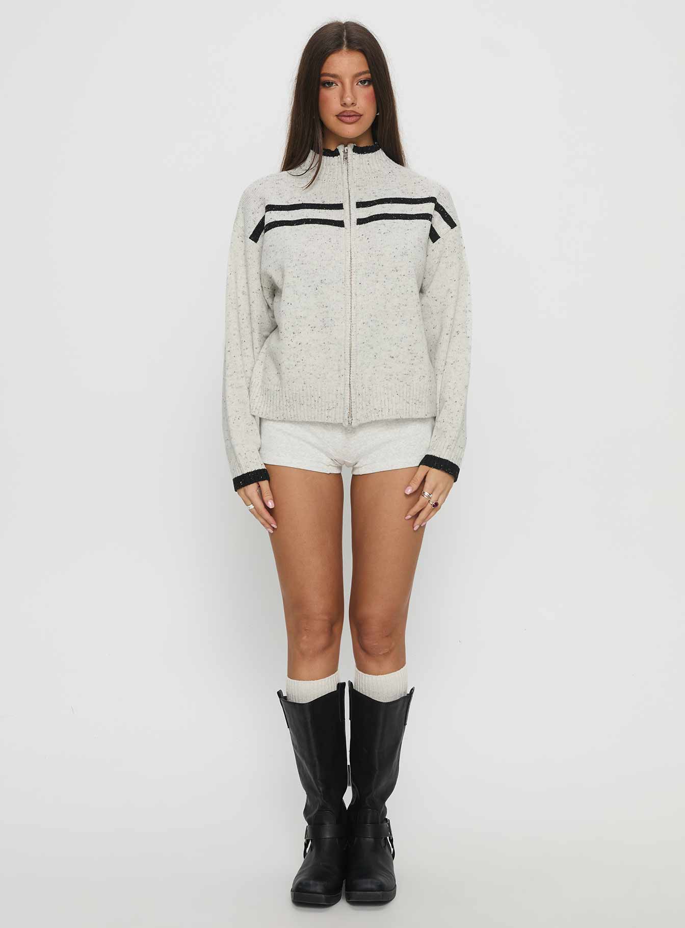 Overstayed Zip Through Cardigan Grey women's sweater by Ellevoria
