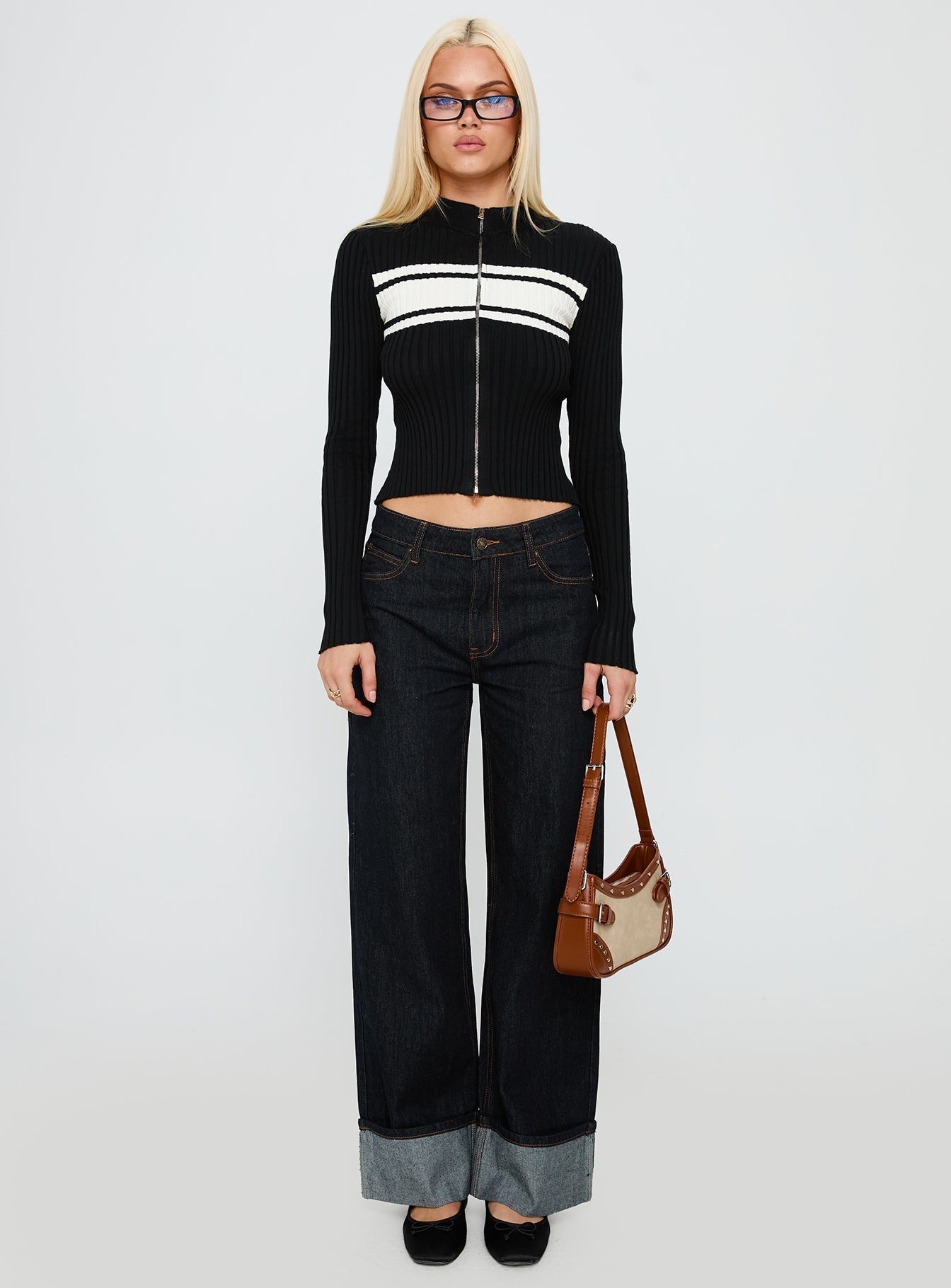Decisive Zip Through Knit Sweater Black / White women's sweater by Ellevoria