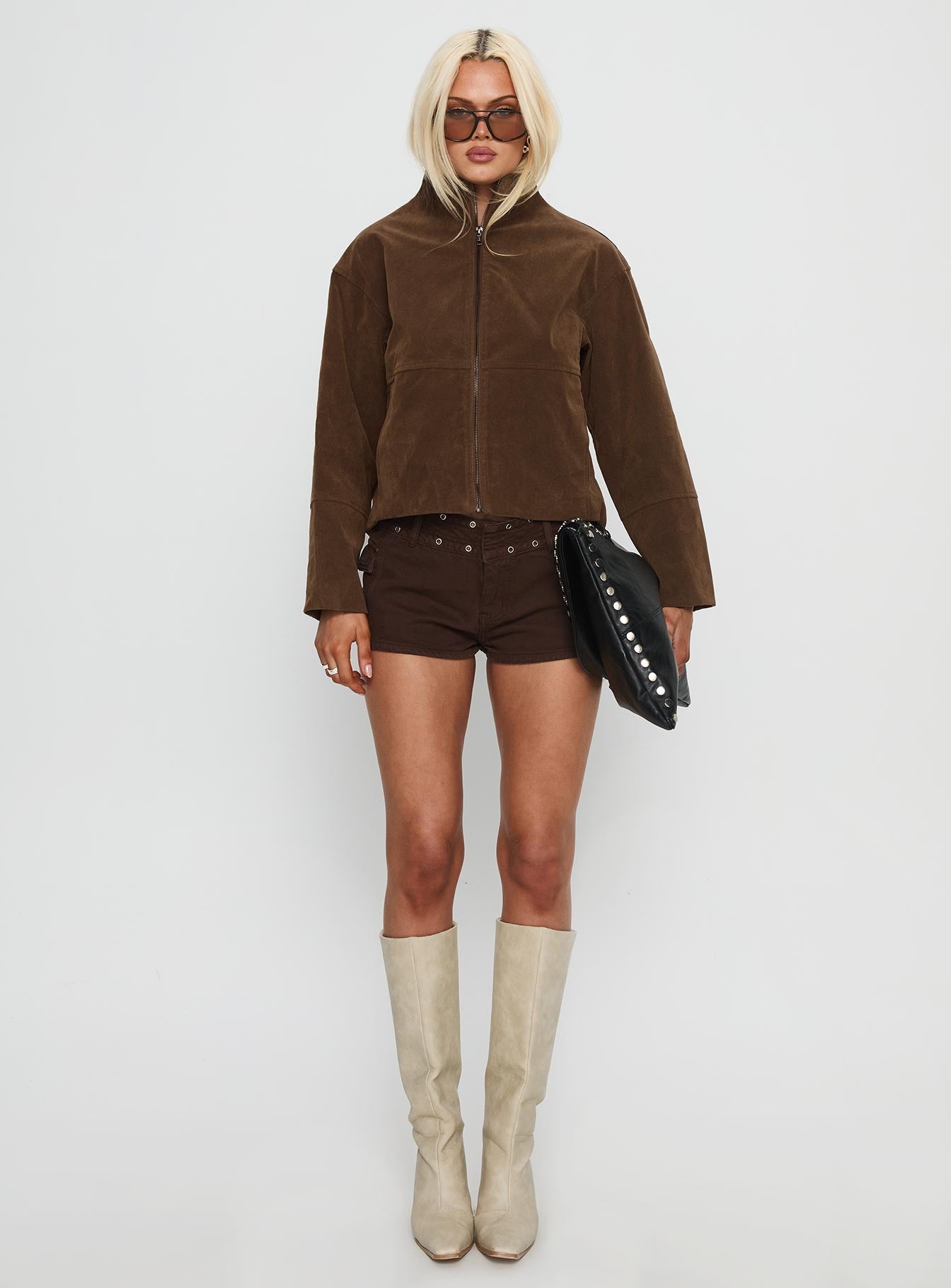 Jessalynn Faux Suede Zip Through Jacket Brown women's jacket by Ellevoria