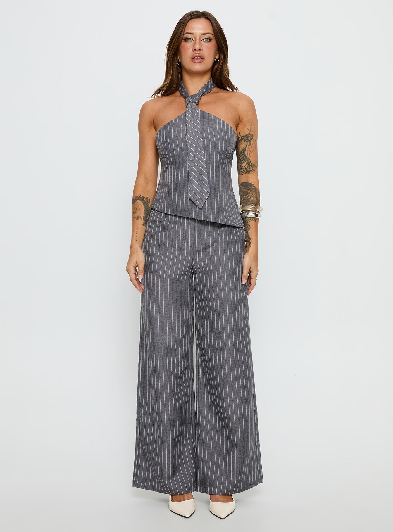 Uvelia Tailored Pants Grey Pinstripe - loose fit women's bottoms by Ellevoria