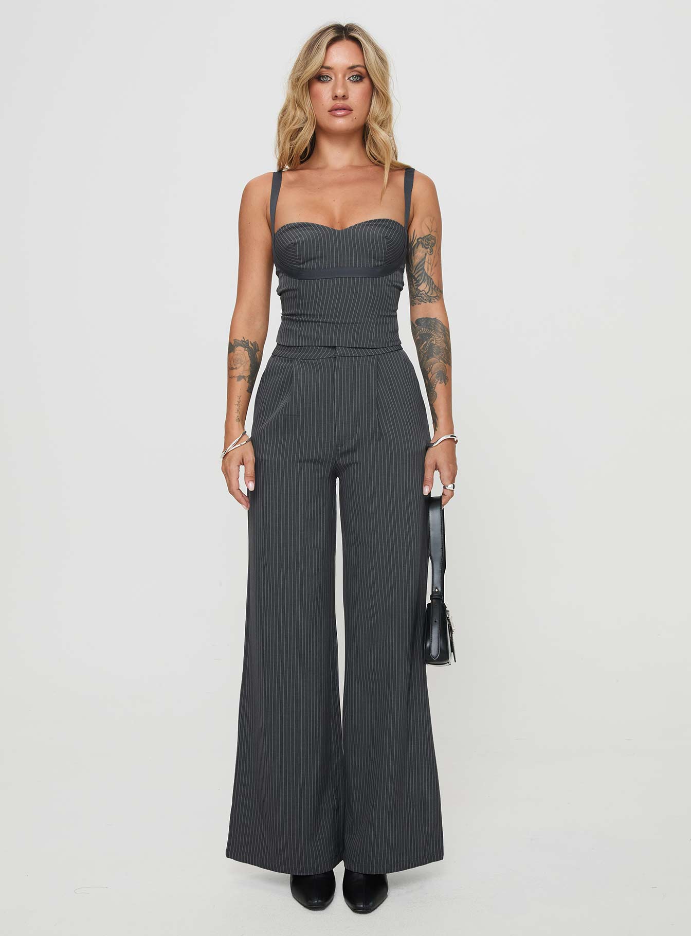 Briana Set Charcoal Pinstripe women's pant set by Ellevoria