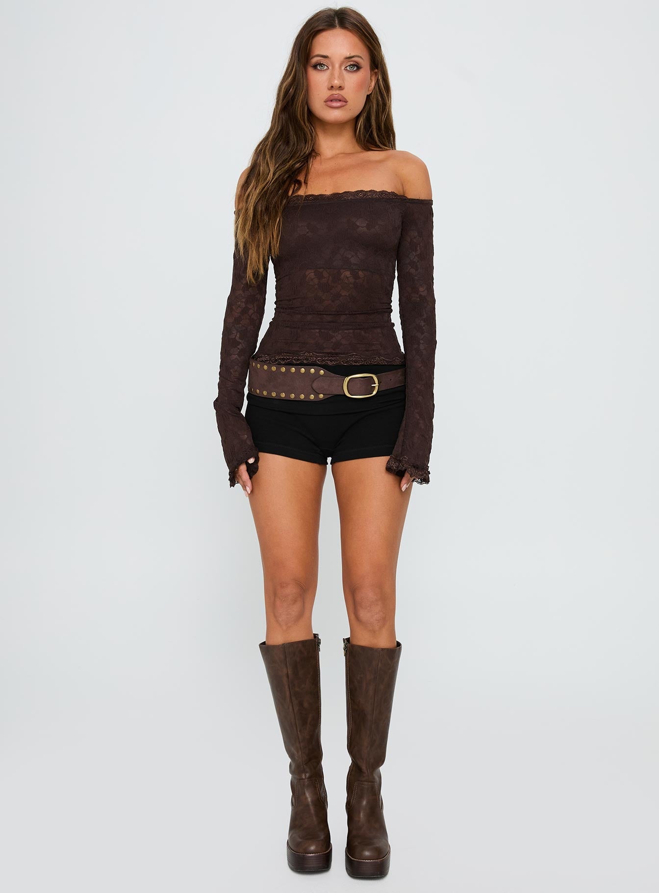 Mochapella Off The Shoulder Top Brown - women's top by Ellevoria - view 6