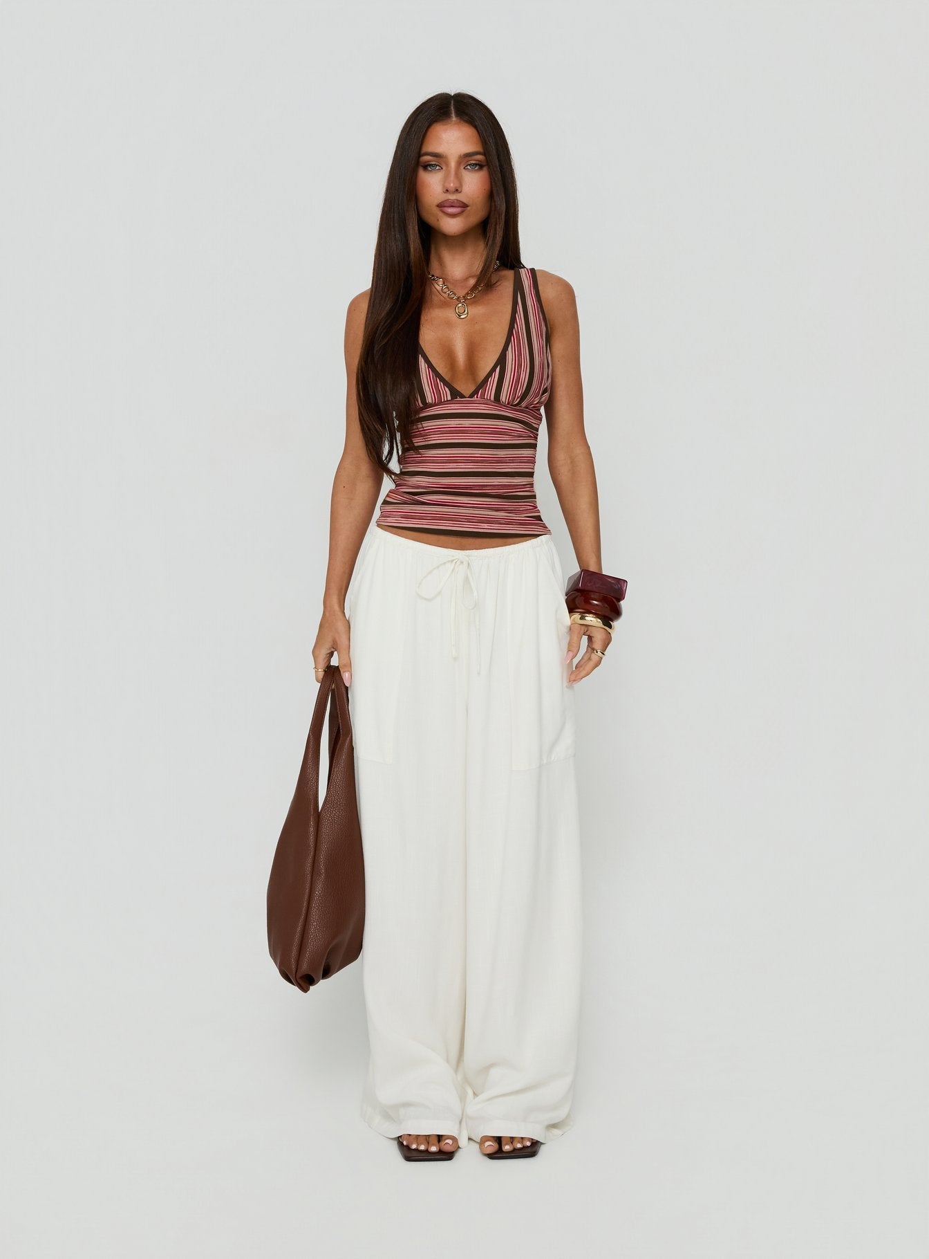 Alyza V Neck Tank Brown / Red Stripe - women's top by Ellevoria - view 7