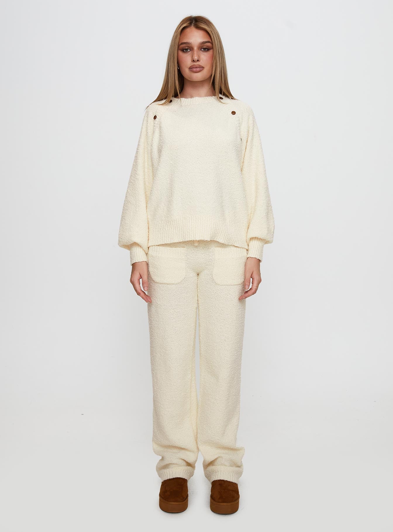 Susi Fluffy Knit Pant Ivory women's pant set by Ellevoria