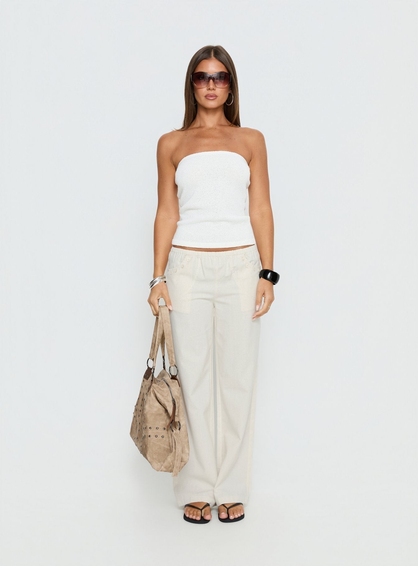 Around The Clock Button Detail Mid Rise Wide Leg Pants Cream - loose fit women's bottoms by Ellevoria