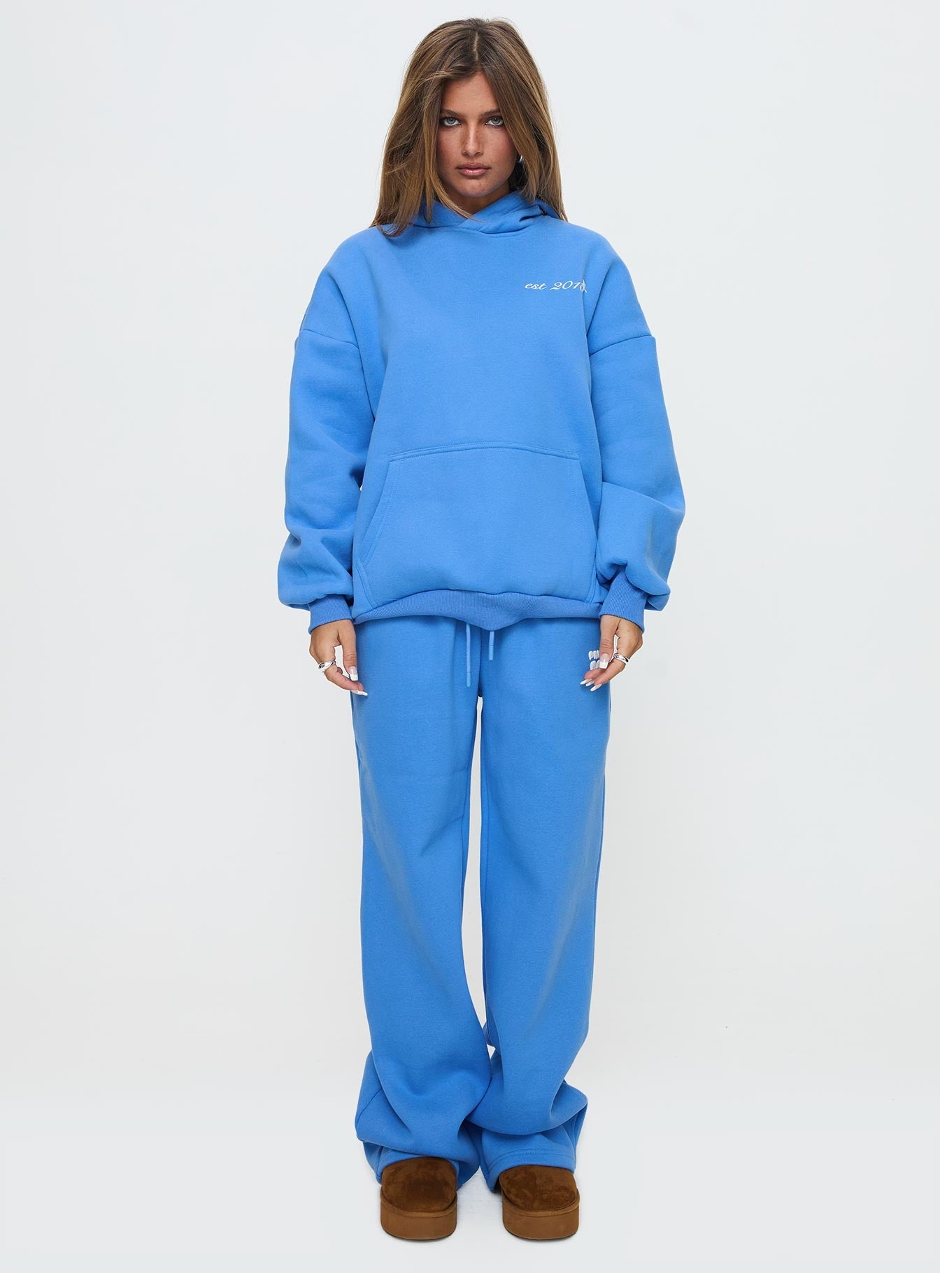 Princess Polly Wide Leg Track Pant Bubble Text Blue women's pant set by Ellevoria