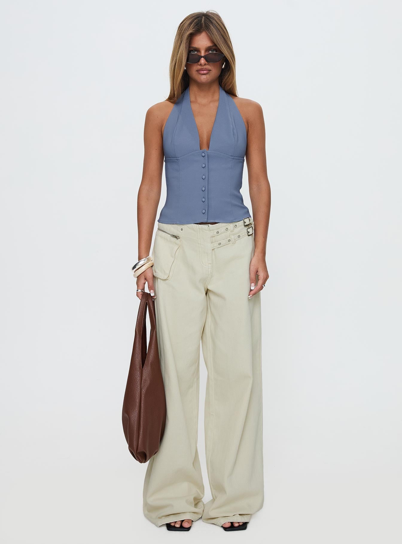 Paltrow Mid Rise Wide Leg Cargo Jeans Cream Petite women's denim jeans by Ellevoria