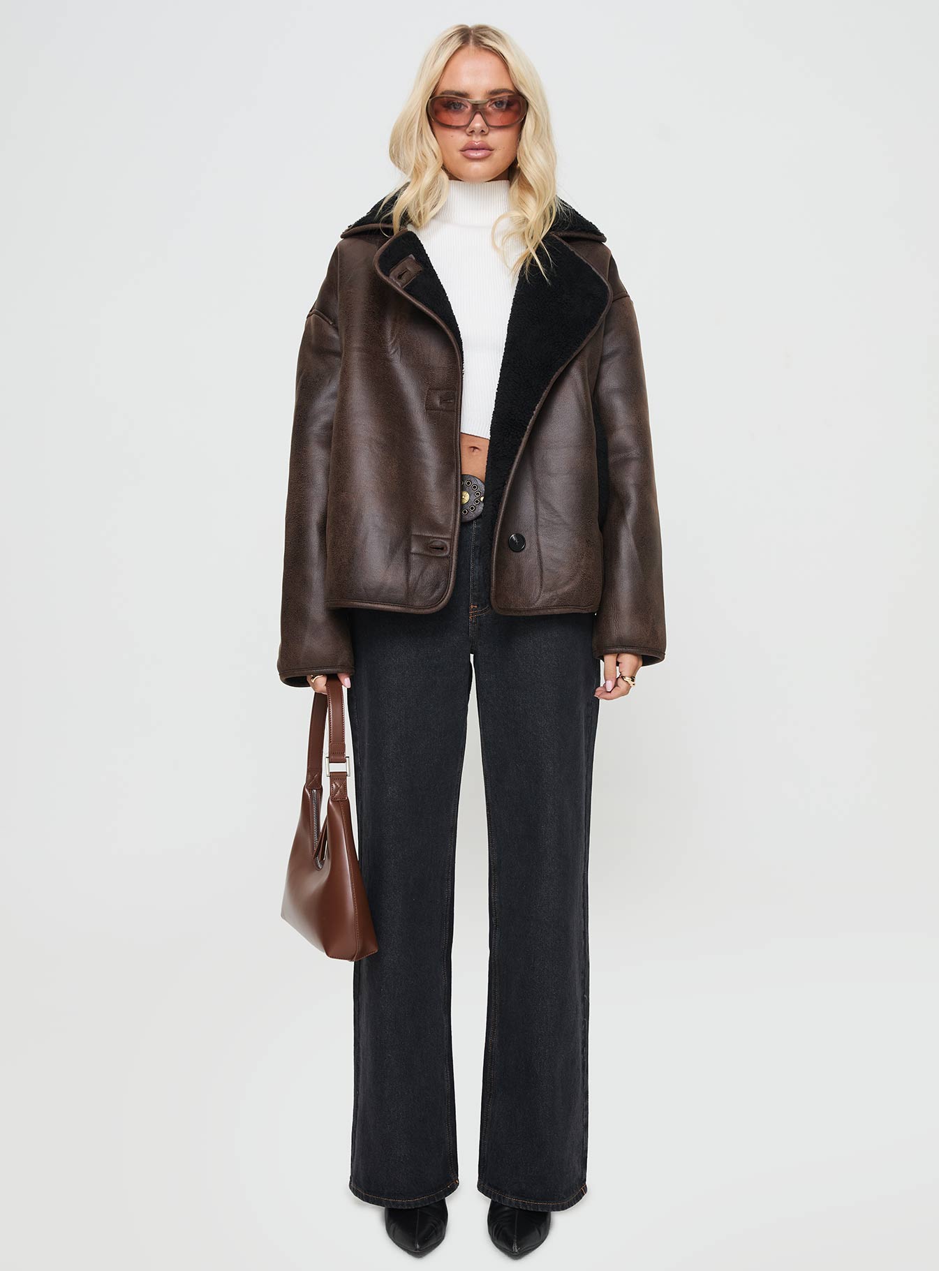 Nunez Faux Leather Jacket Washed Brown / Black women's jacket by Ellevoria