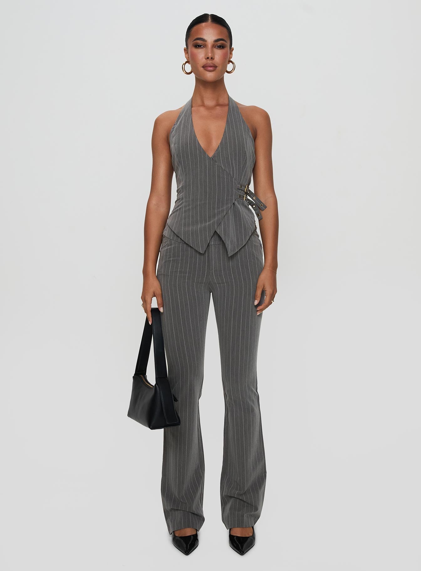 Calexico Buckle Pant Grey Pinstripe women's pant set by Ellevoria