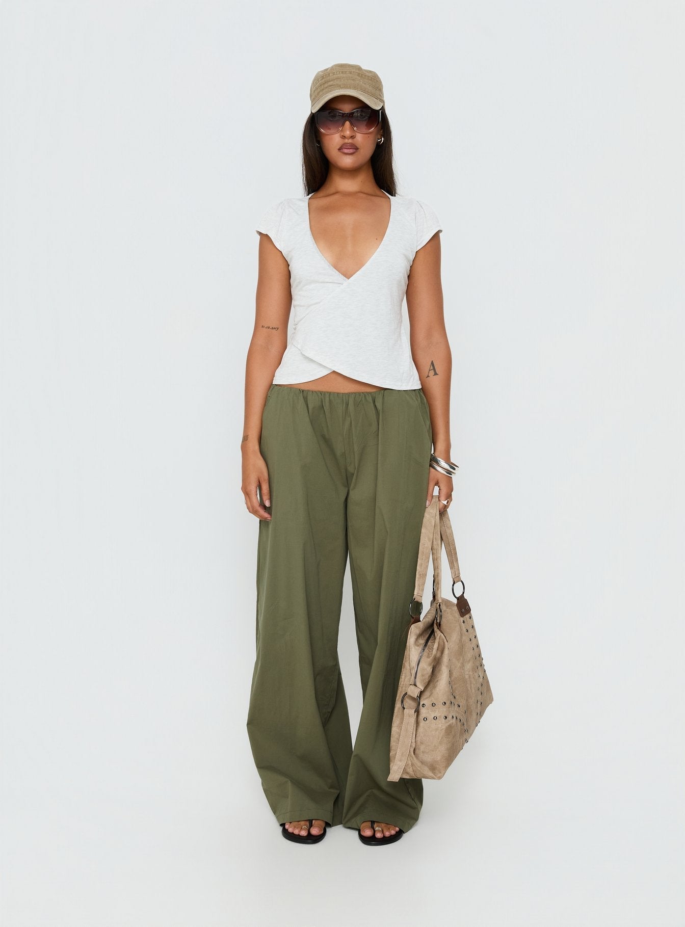 Lunea Concealed Waistband Pants Khaki - loose fit women's bottoms by Ellevoria