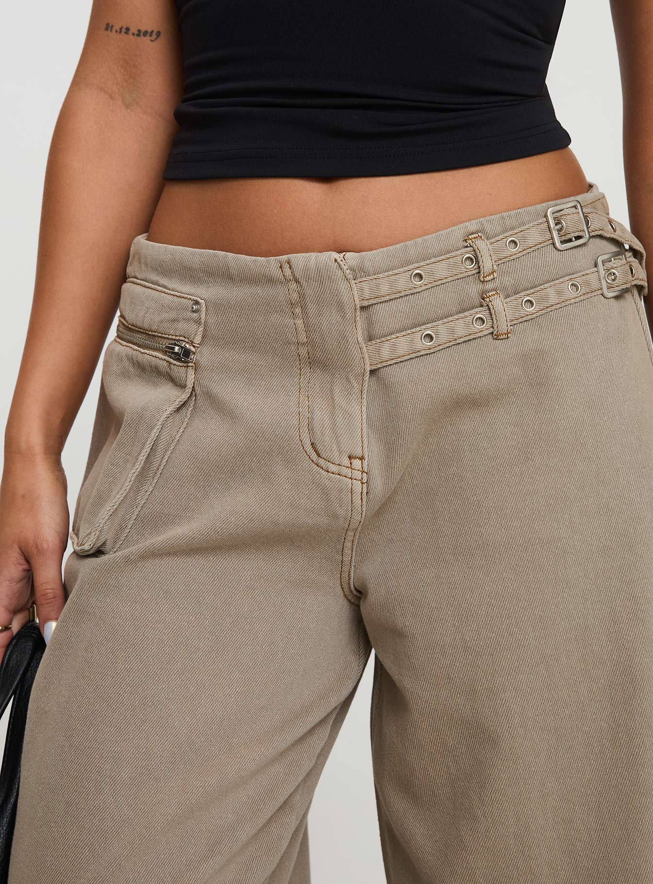 Paltrow Mid Rise Wide Leg Cargo Jeans Washed Brown Petite women's denim jeans by Ellevoria