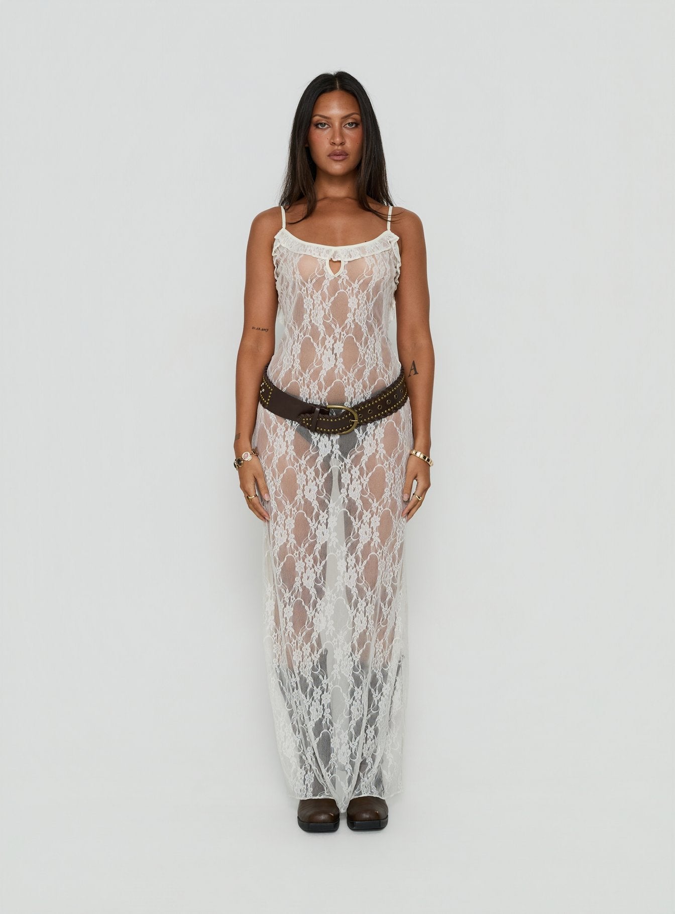 Wall Of Sound Sheer Lace Maxi Dress Antique White - women's maxi dress by Ellevoria - view 7