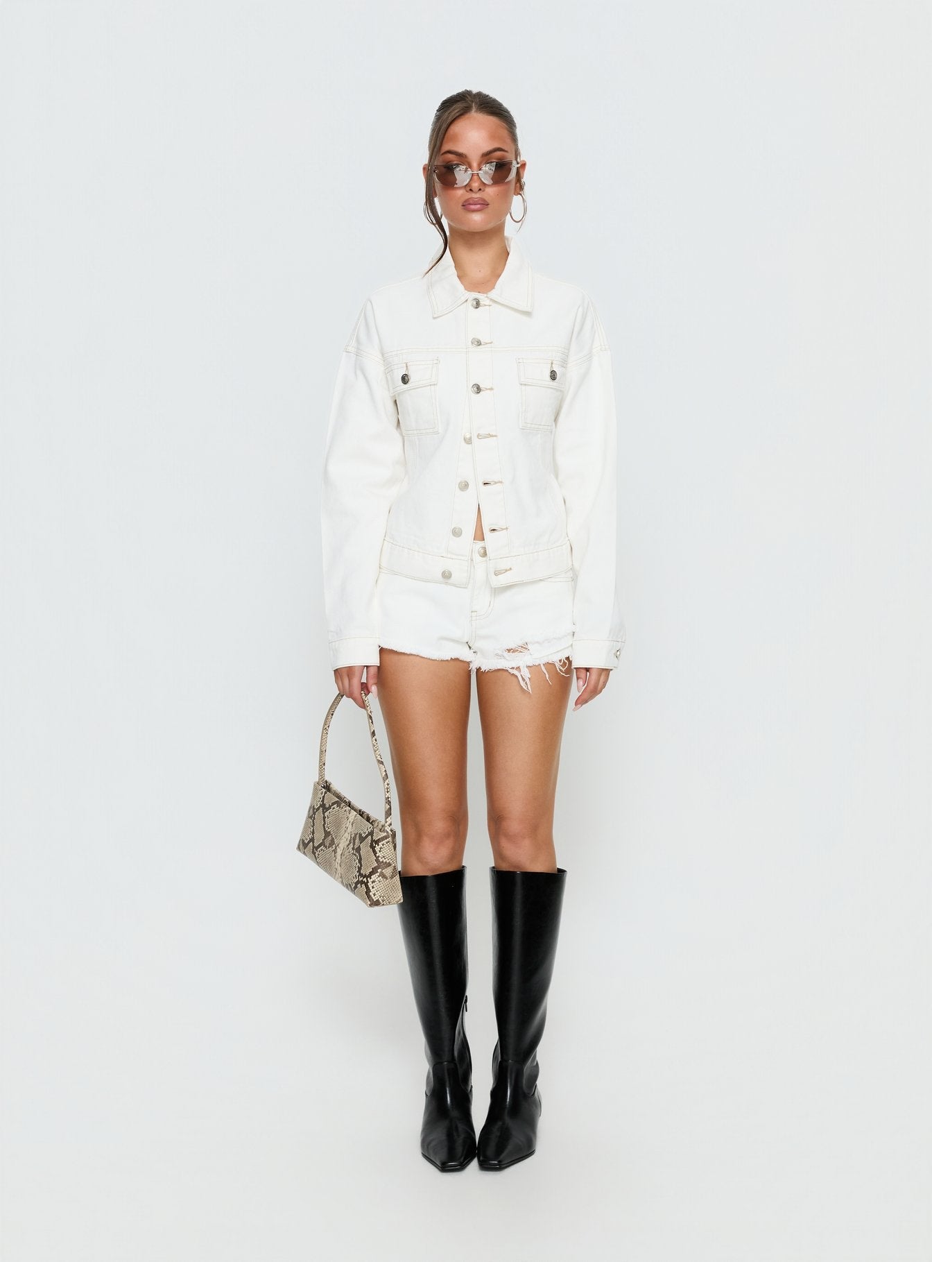 Caresse Cinched Denim Jacket White women's jacket by Ellevoria
