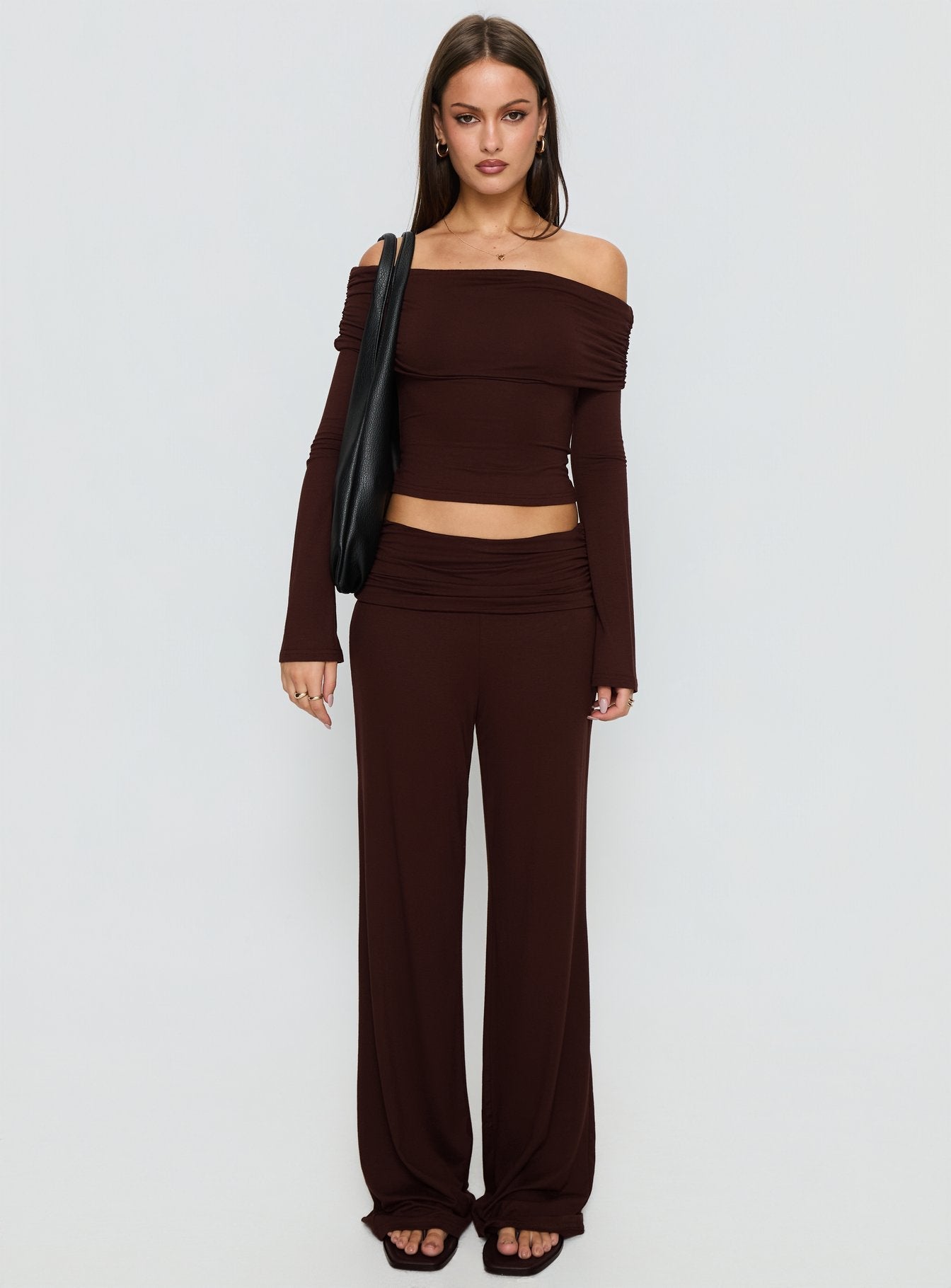Fawne Ruched Folded Pants Brown women's pant set by Ellevoria