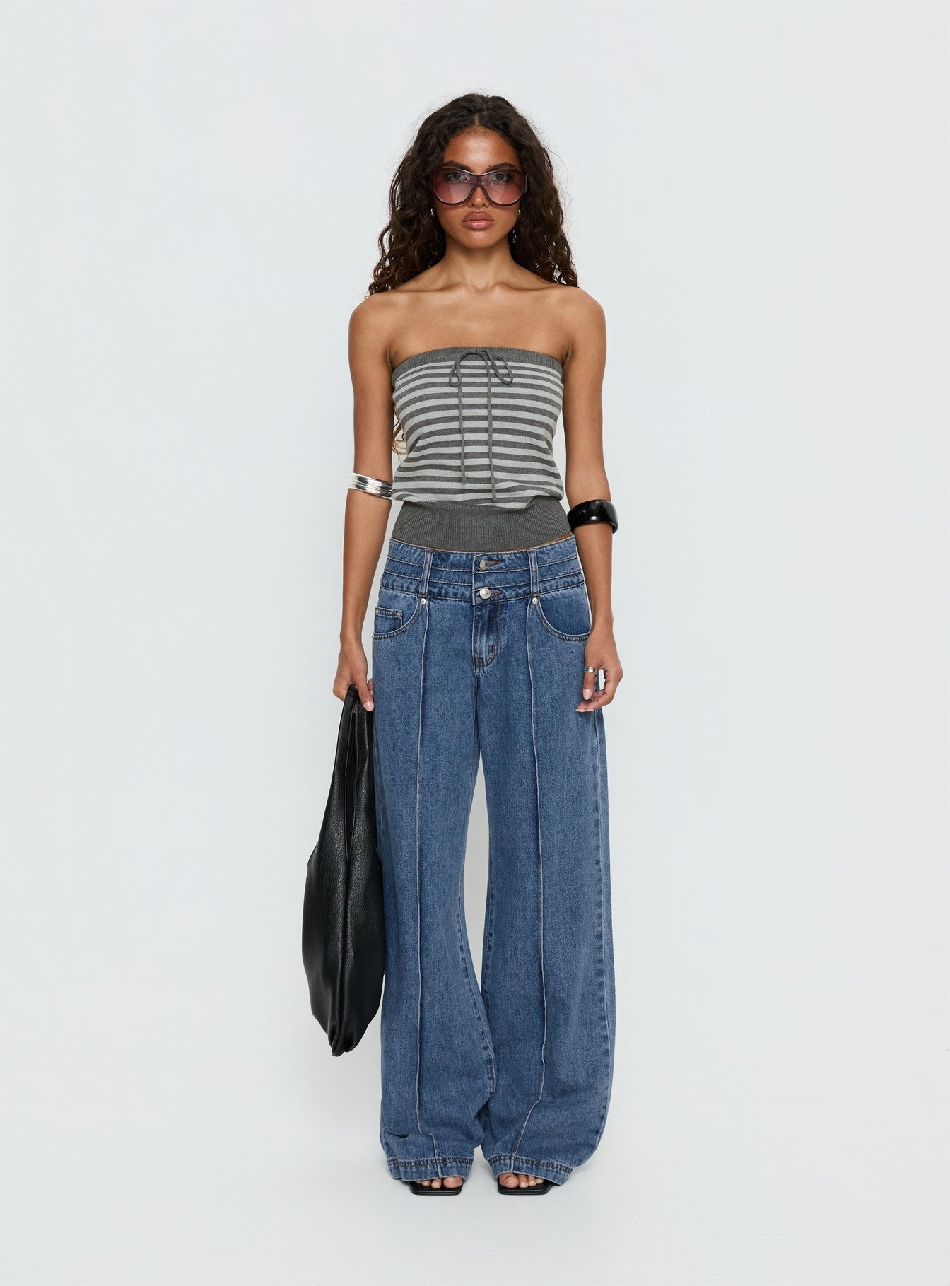 Hannalee Low Rise Wide Leg Jeans Mid Blue Wash women's denim jeans by Ellevoria