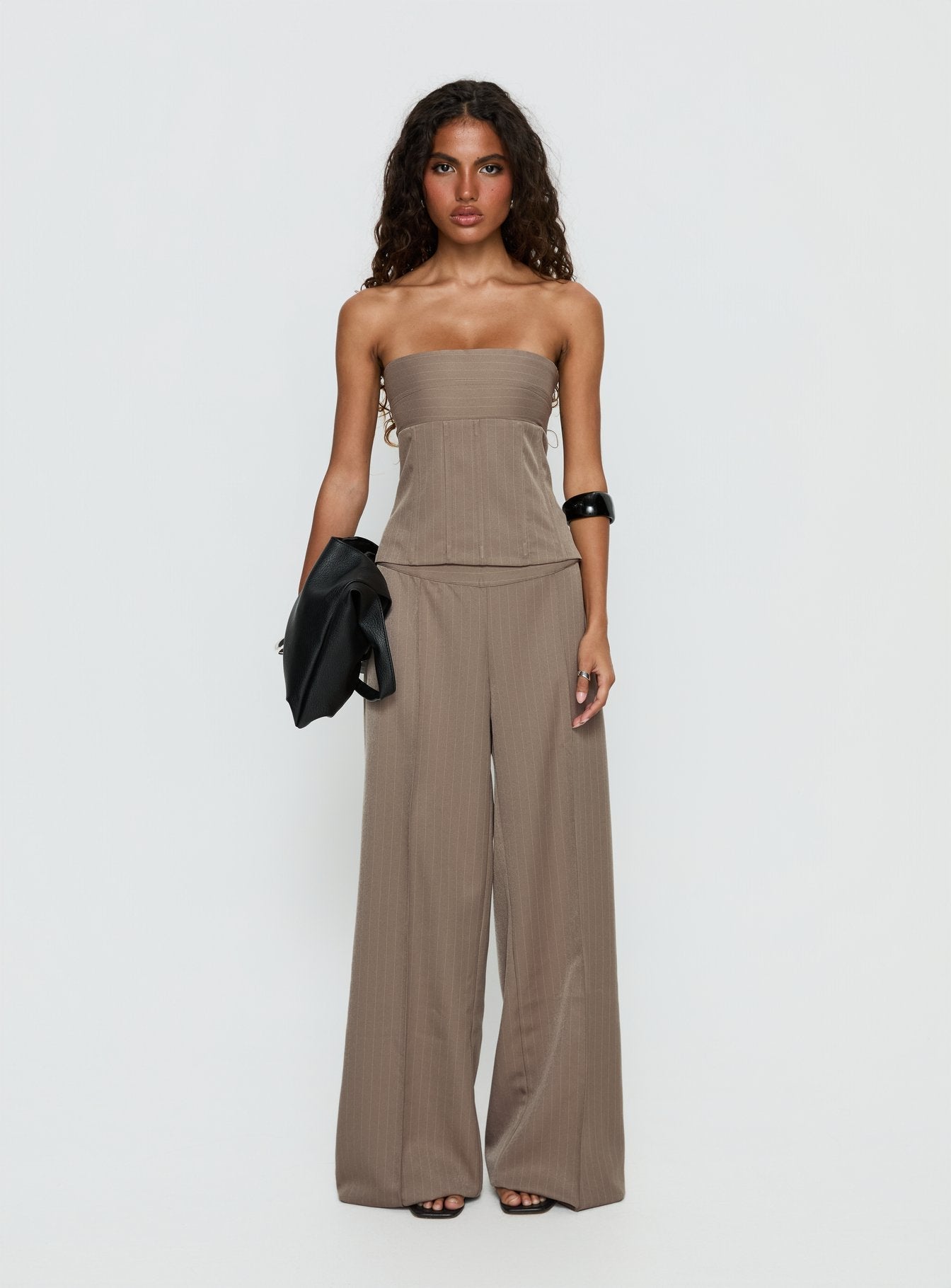 Madelle Mid Rise Straight Leg Pants Brown Pinstripe women's pant set by Ellevoria