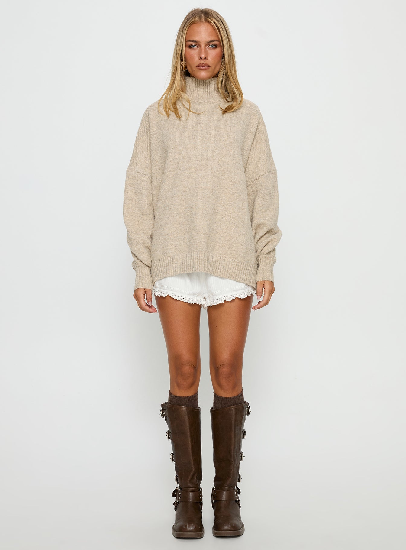 Patrizia Funnel Neck Knit Sweater Beige women's sweater by Ellevoria