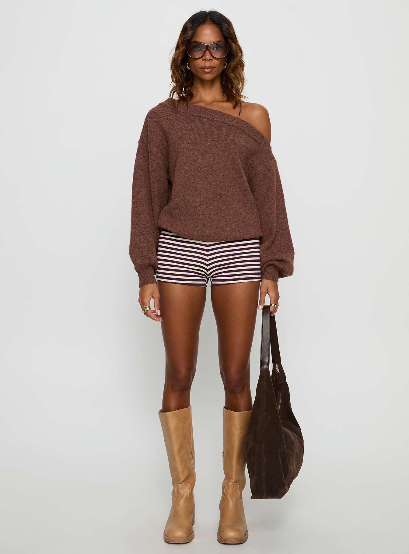 Noble Off The Shoulder Sweater Chocolate women's sweater by Ellevoria