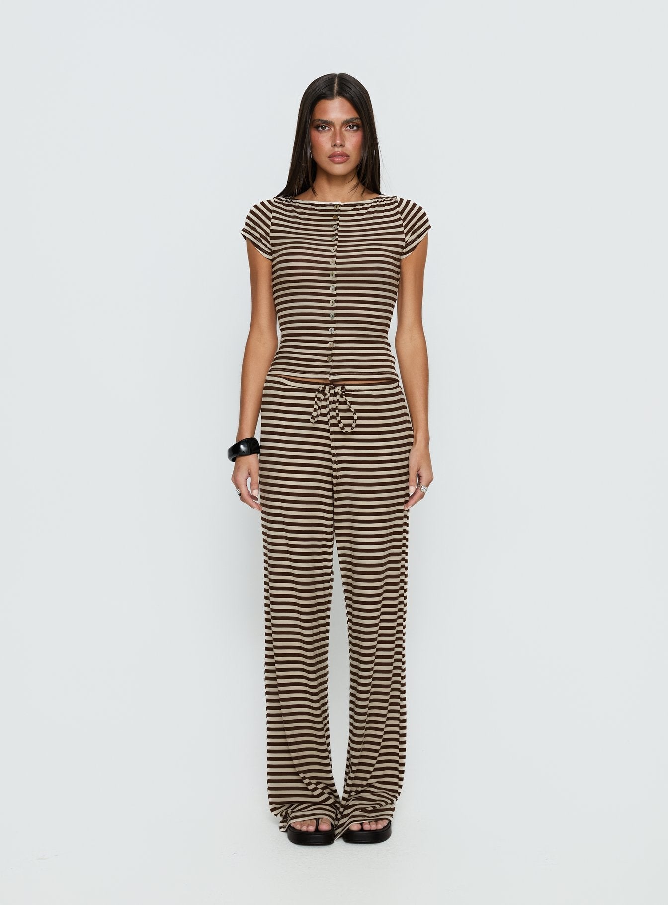 Gavrielle Jersey Wide Leg Pants Chocolate / Cream Stripe - loose fit women's bottoms by Ellevoria