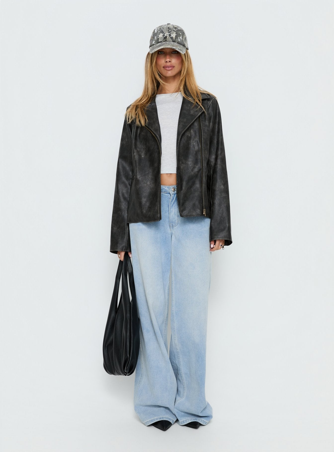 Vyolette Faux Leather Collared Jacket Washed Black women's jacket by Ellevoria