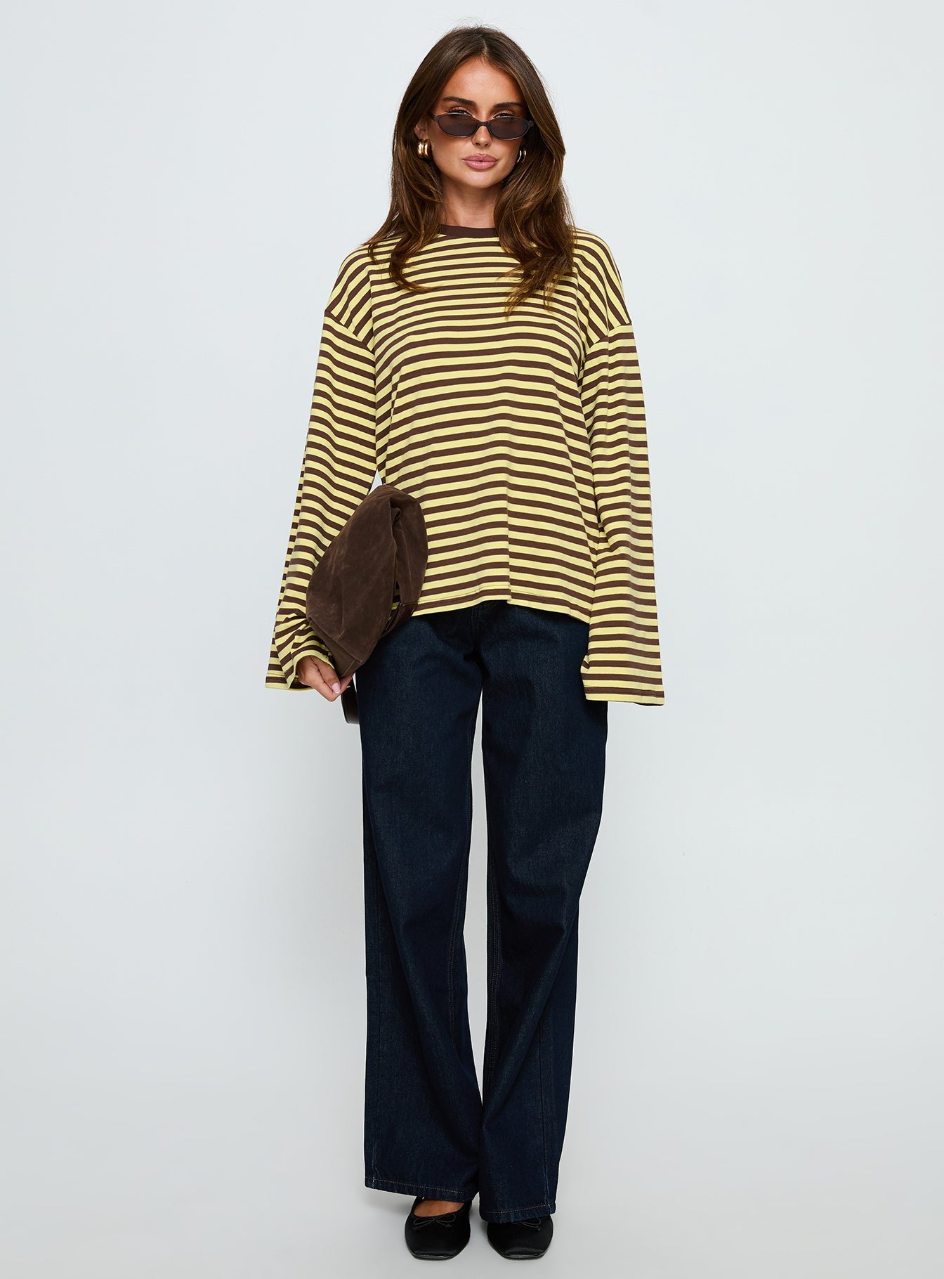 Settle Down Long Sleeve Top Yellow / Brown Stripe women's two piece set by Ellevoria